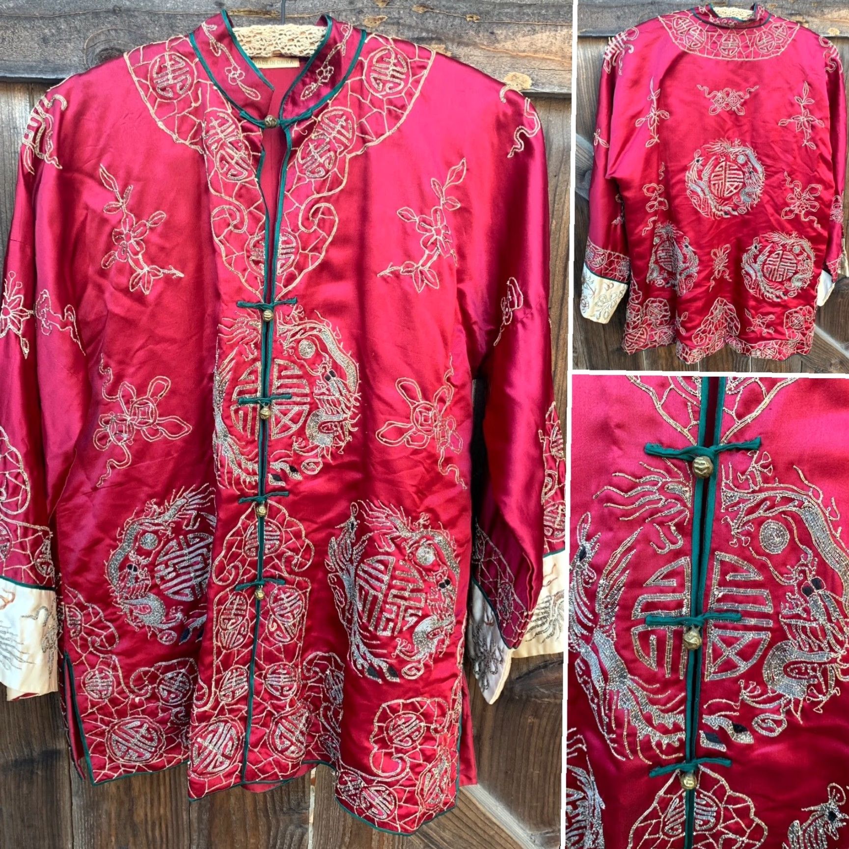 Vintage Vtg Chinese Silk Embroidered Dragon Longevity Shou Jacket Robe Mandarin Collar Jacket/string? Size ONE SIZE - 6 Thumbnail