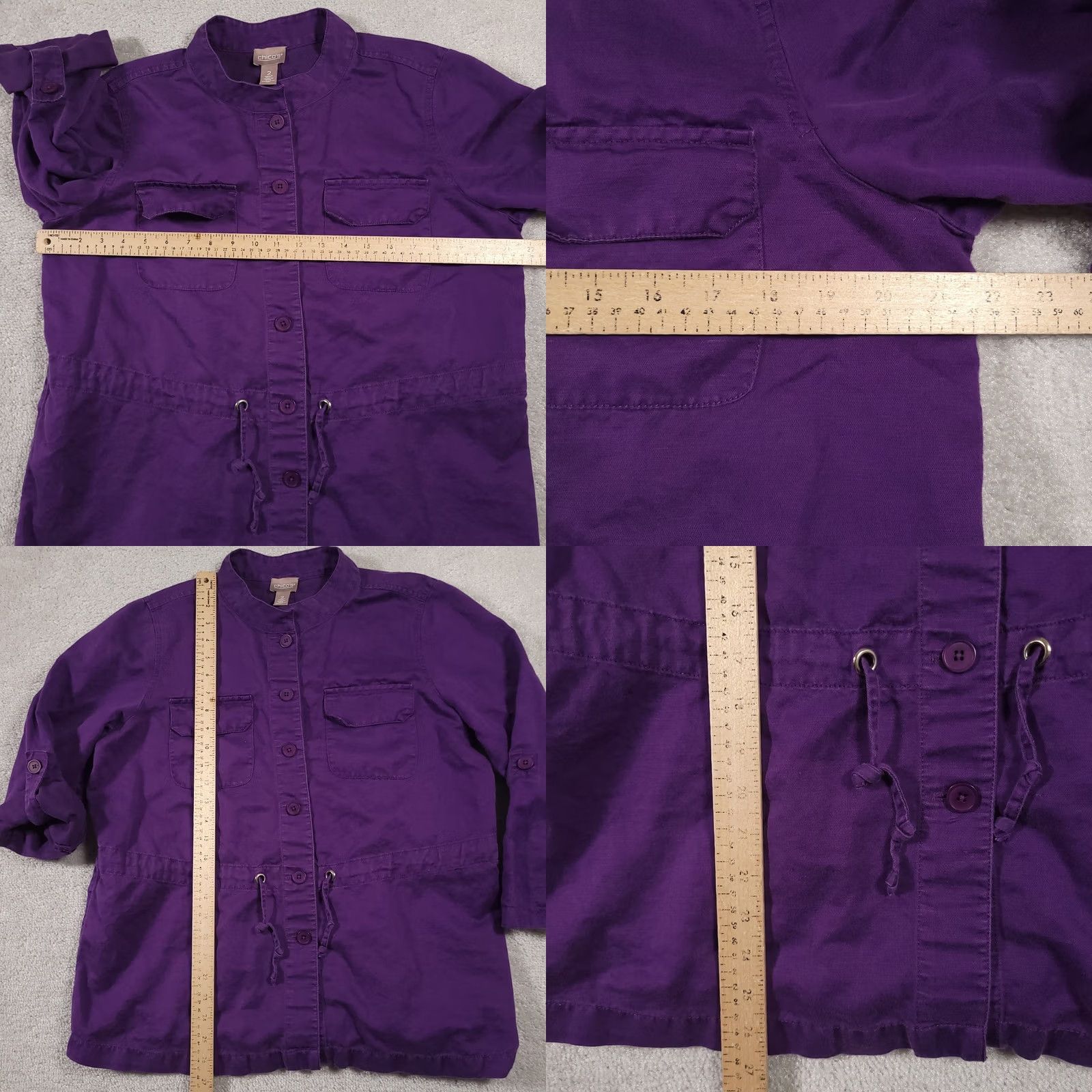 Vintage Chico's Jacket Women's L Purple Linen Blend Button Up Roll-Tab Sleeve Cinch Casual Travel Regular Mens Womens Size L / US 10 / IT 46 - 8 Thumbnail
