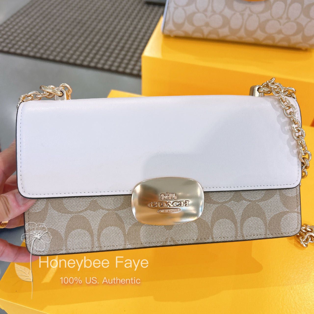 image of Coach Eliza Flap Crossbody In Signature Canvas in Gold/Light Khaki Chalk, Women's