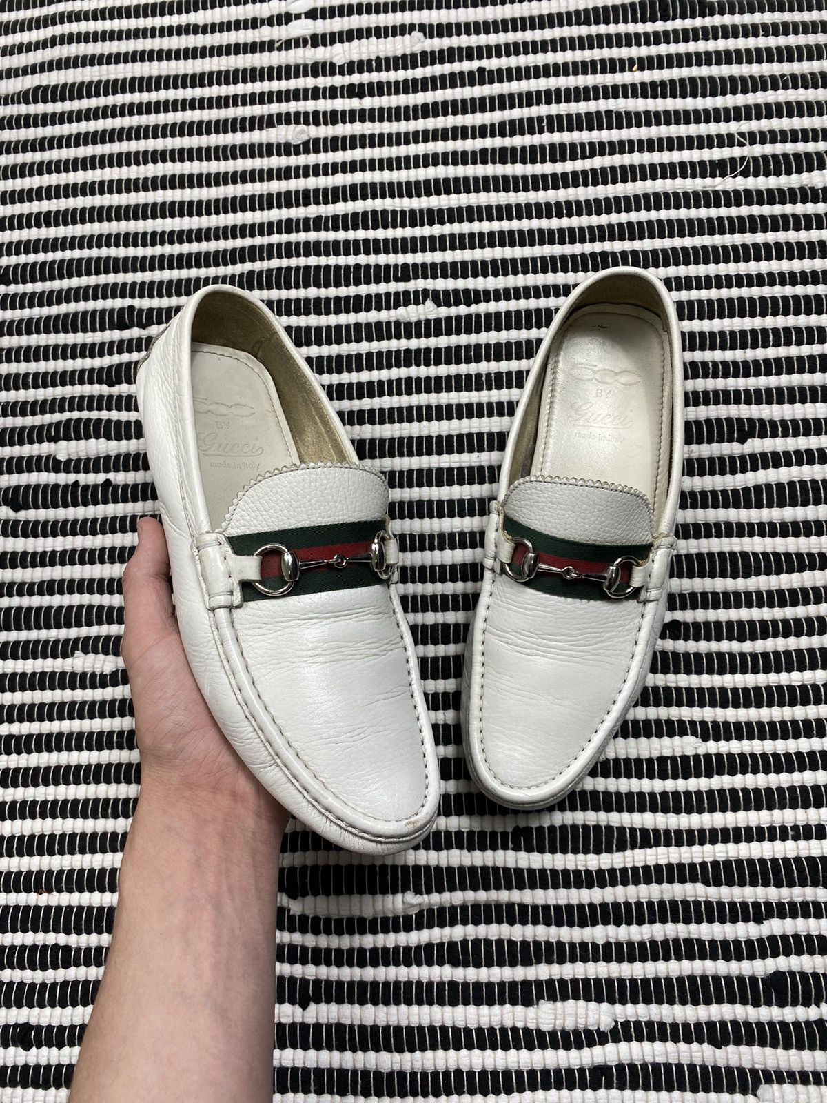 Gucci Vintage Loafers Leather Shoes GG Web Stripe White, Men's (Size 11)