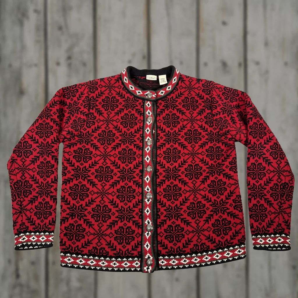 Vintage L.L.Bean Sweater Cardigan Women M Red Fair Isle Knit Cotton Button Up Crew Neck Holiday Ski Winter - Mens/Womens? Size M / US 6-8 / IT 42-44 - 1 Thumbnail