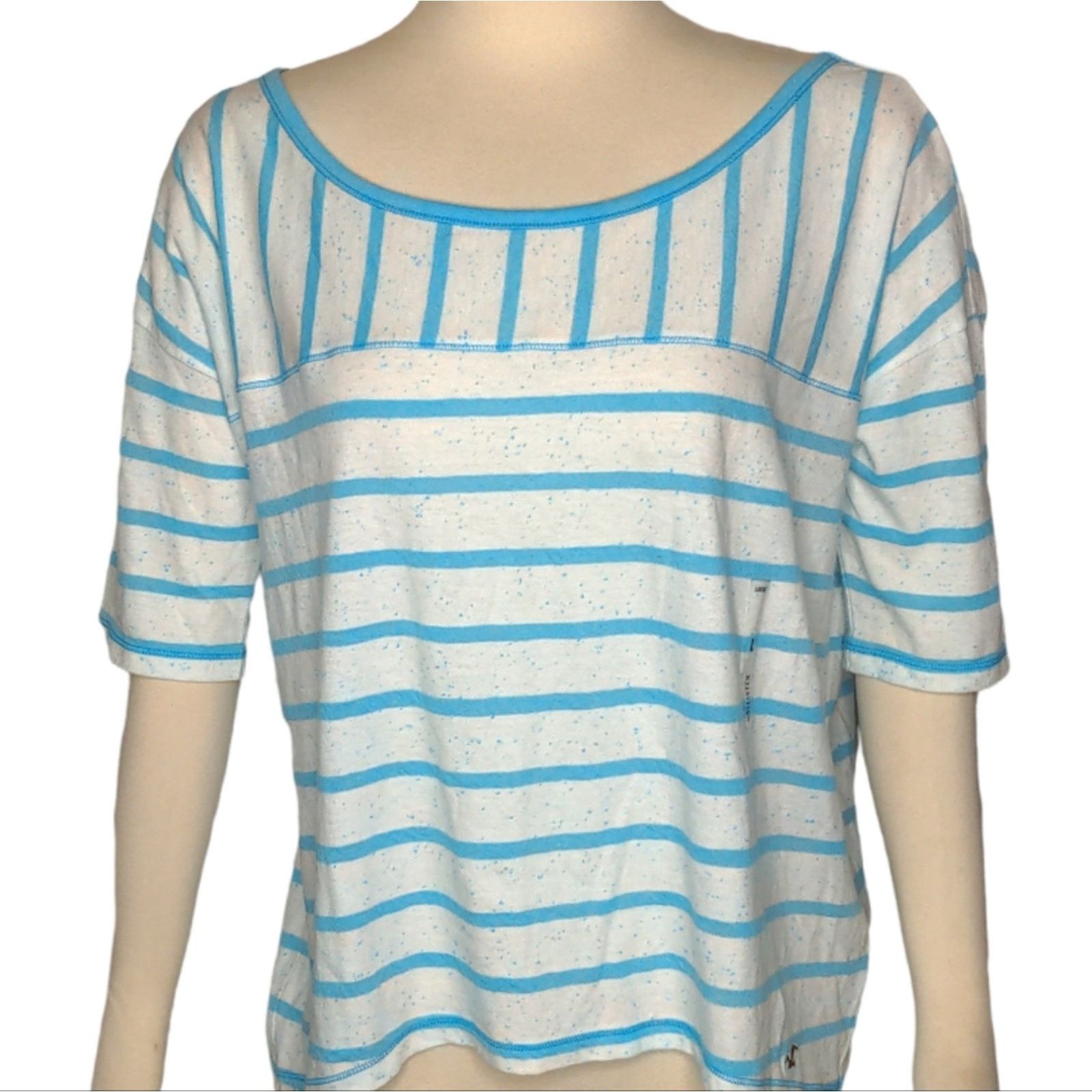 Hollister HOLLISTER White Teal Burnout Striped Tee Large NEW Size L / US 10 / IT 46 - 2 Thumbnail