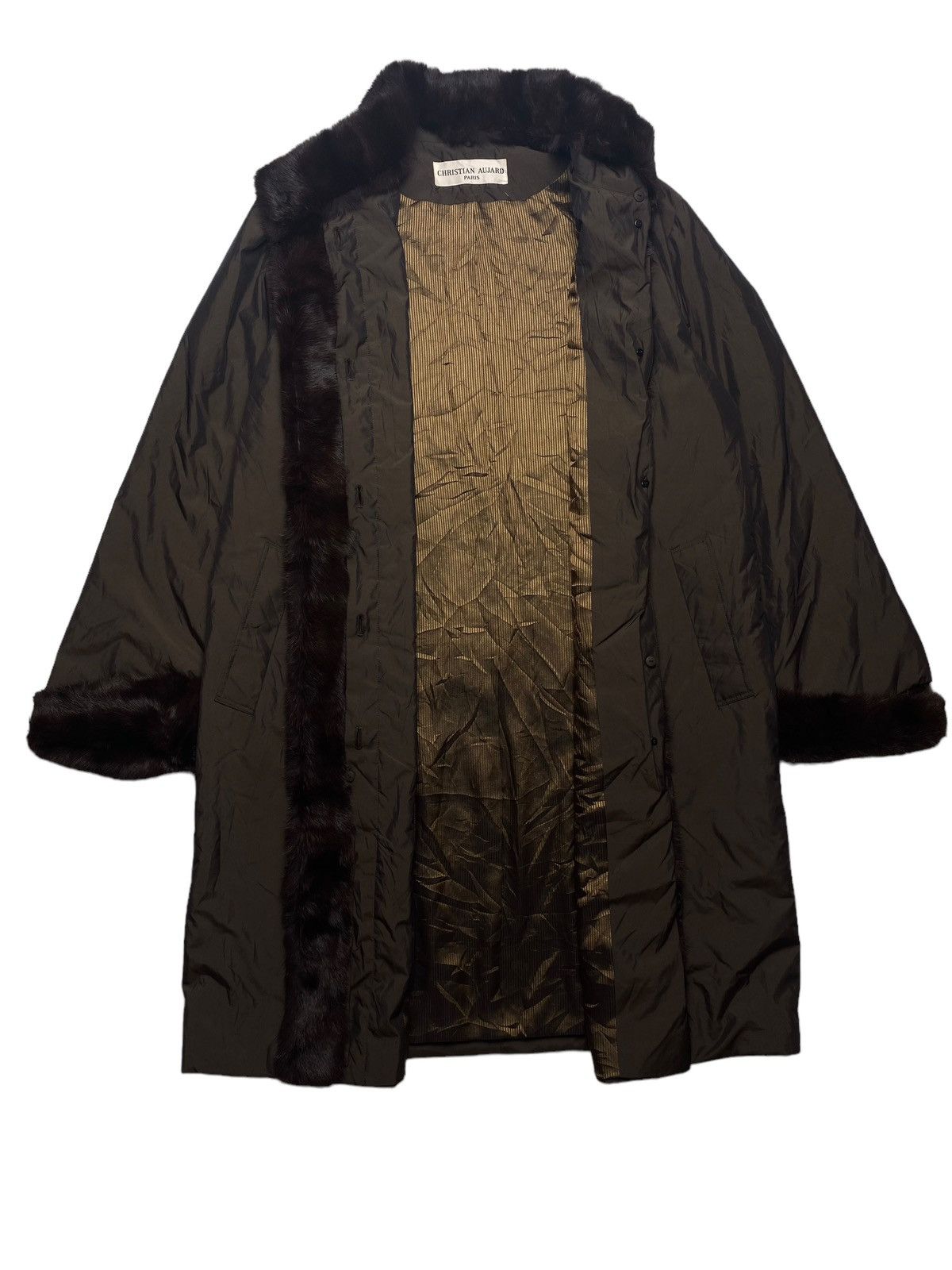 Designer 1990s Christian Aujard Paris Iridescent Trim Fur Long Coat Size US L / EU 52-54 / 3 - 2 Thumbnail