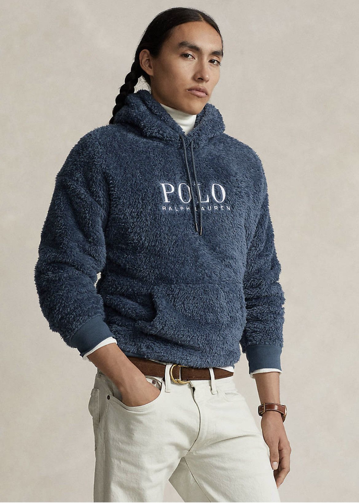 image of Polo Ralph Lauren Embroidered Polo Pile Fleece Hoodie in Blue, Men's (Size XL)