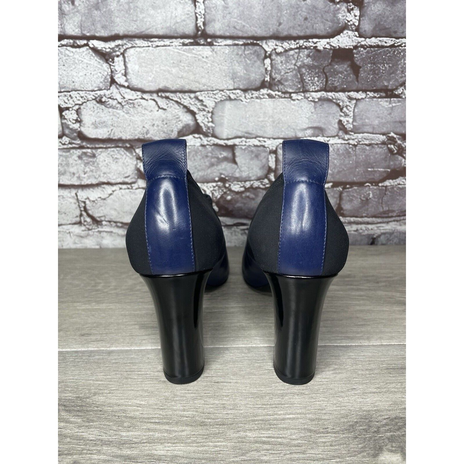 Other Via Spiga Midnight Navy Blue Leather Black Fabric Heels Wome Size US 8.5 / IT 38.5 - 4 Thumbnail