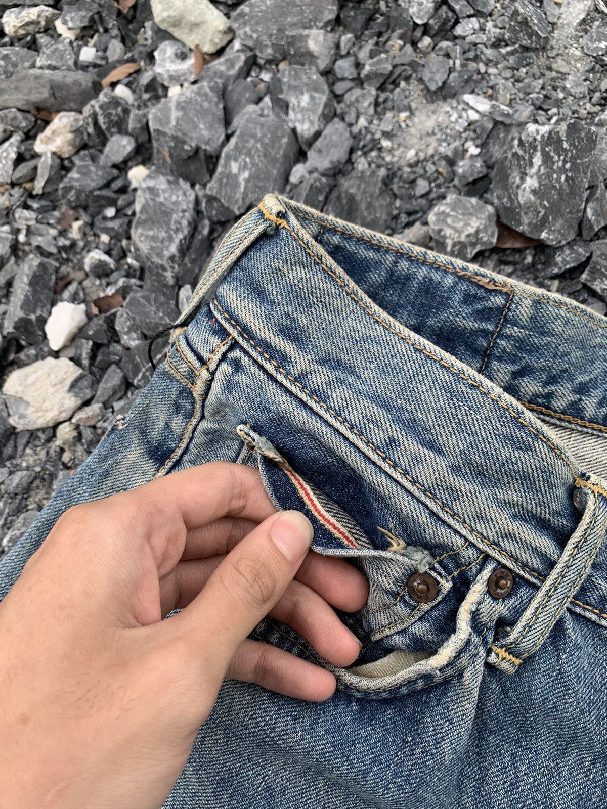 Kapital VINTAGE EDWIN 505X SELVEDGE BUTTON FLY DISTRESSED DENIM Size US 27 - 14 Thumbnail