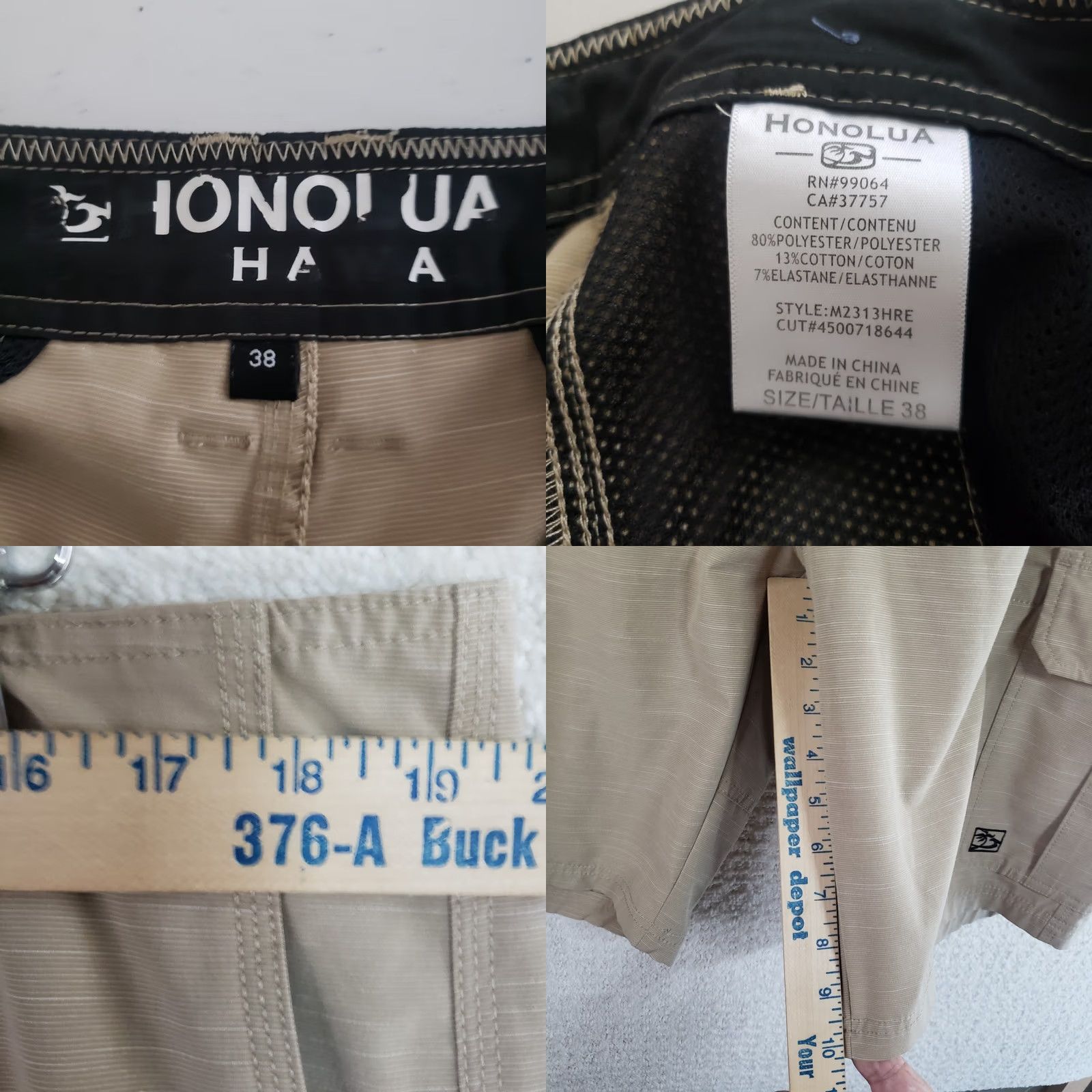 Vintage HONOLUA Cargo Shorts Men 38x10 Beige Poly Cotton Spandex Flat Front Casual Beach Size US 38 / EU 54 - 10 Thumbnail