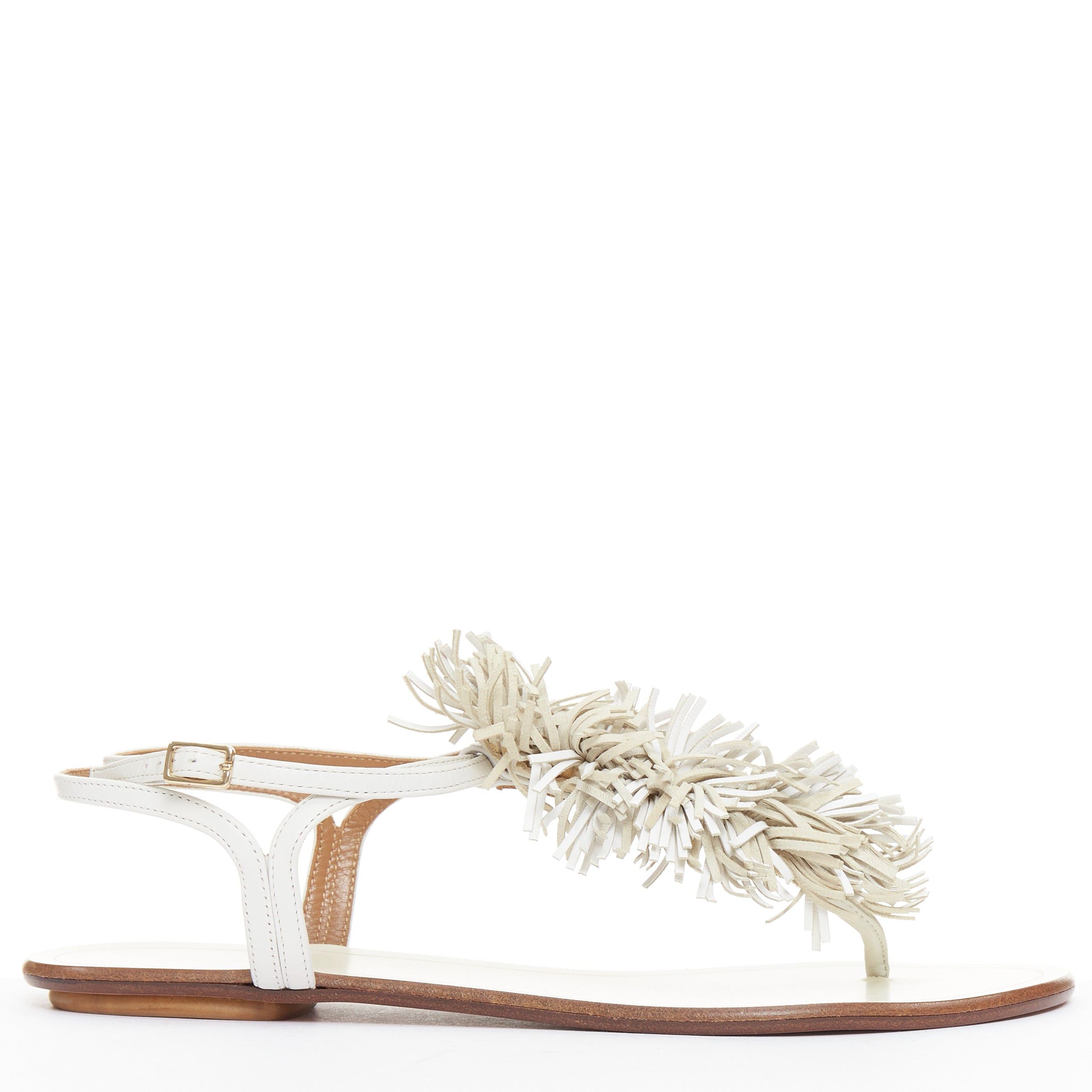 Aquazzura AQUAZZURA off white fringe trim T bar strap flat sandals EU37 Size US 7 / IT 37 - 1 Thumbnail