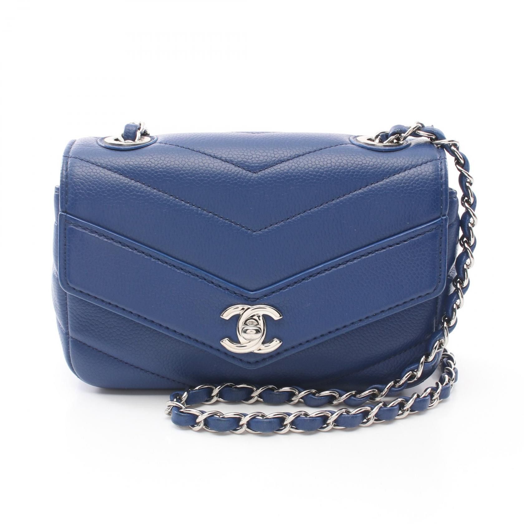 Chanel Chanel Chevron V Stitch Caviar Skin Shoulder Bag Leather Shoulder Bag in Blue, Women's