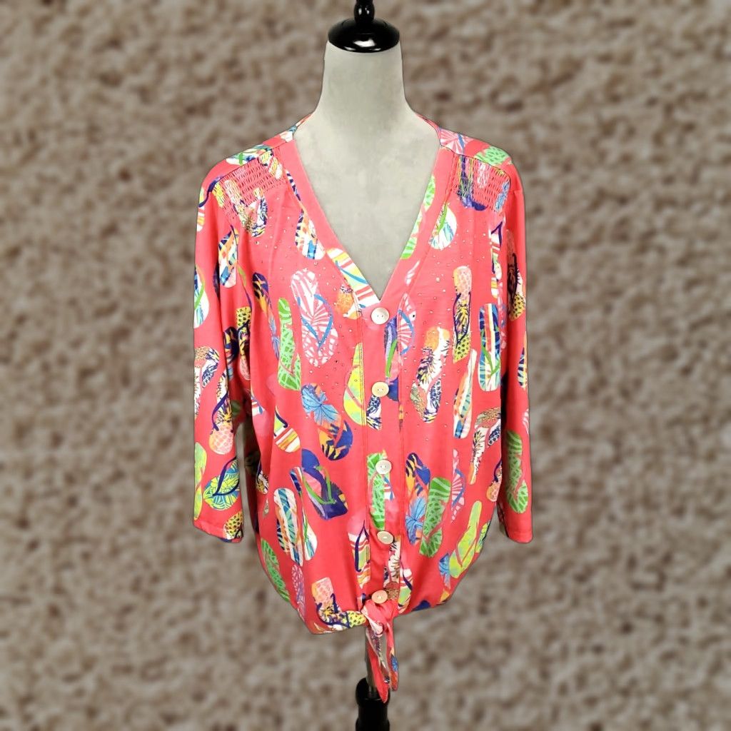 Vintage VINTAGE No, actually Vintage is No; it's Onque Casual Top Womens 2X Flip Flop Rhinestone Faux Button Up V Neck Pullover Size XXL / US 16-18 / IT 52-54 - 1 Thumbnail