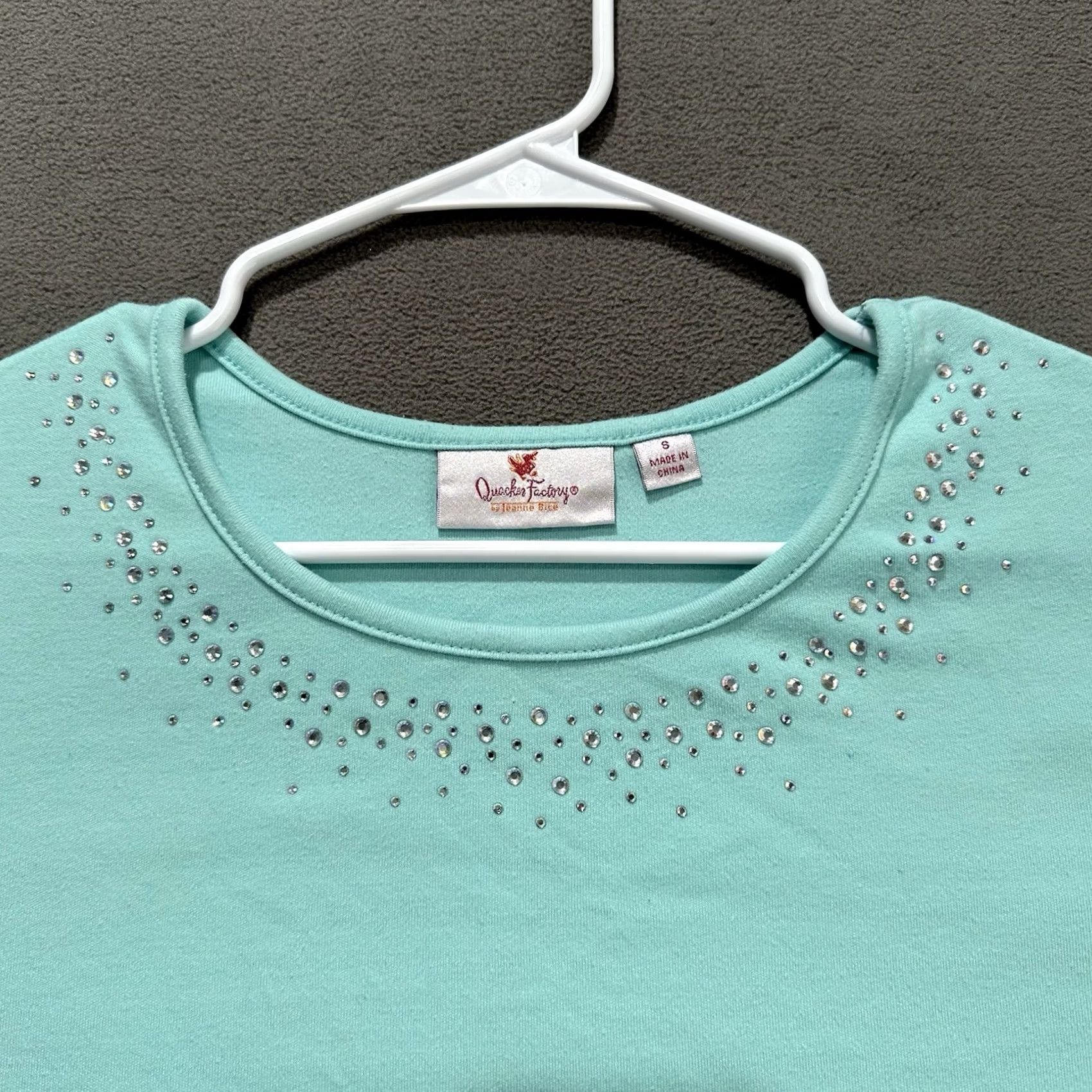 Quacker Factory Quacker Factory Shirt Women Small Blue Teal Rhinestones Embellished Short Sleeve Size S / US 4 / IT 40 - 3 Thumbnail
