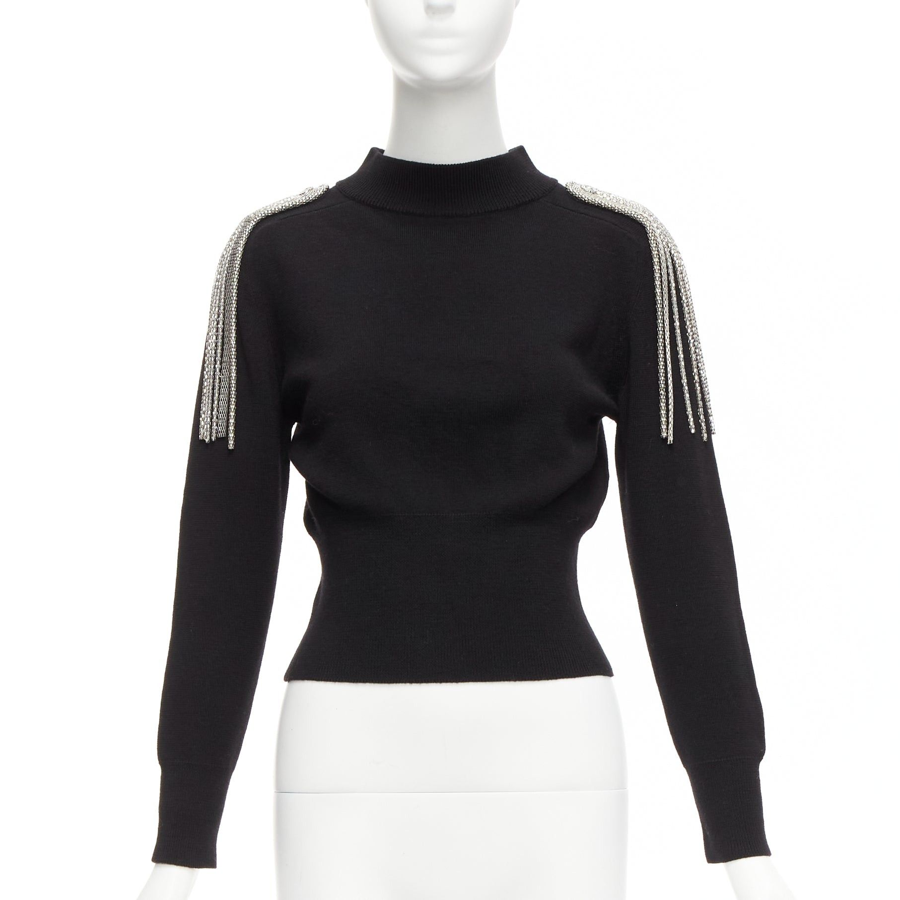 Christopher Kane CHRISTOPHER KANE 100% merino wool black silver shoulder chain sweater XS Size S / US 4 / IT 40 - 1 Thumbnail