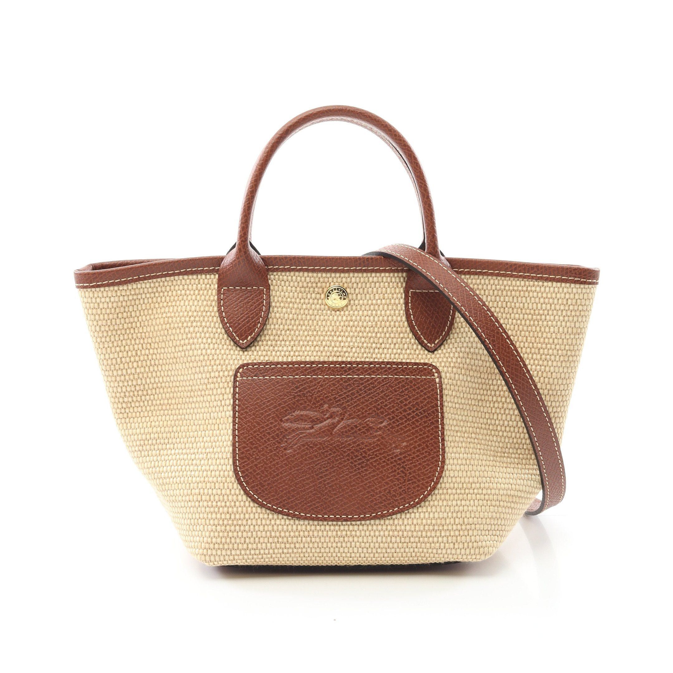 Longchamp Le Preage Xs Basket Bag Handbag Canvas Leather Beige Brown