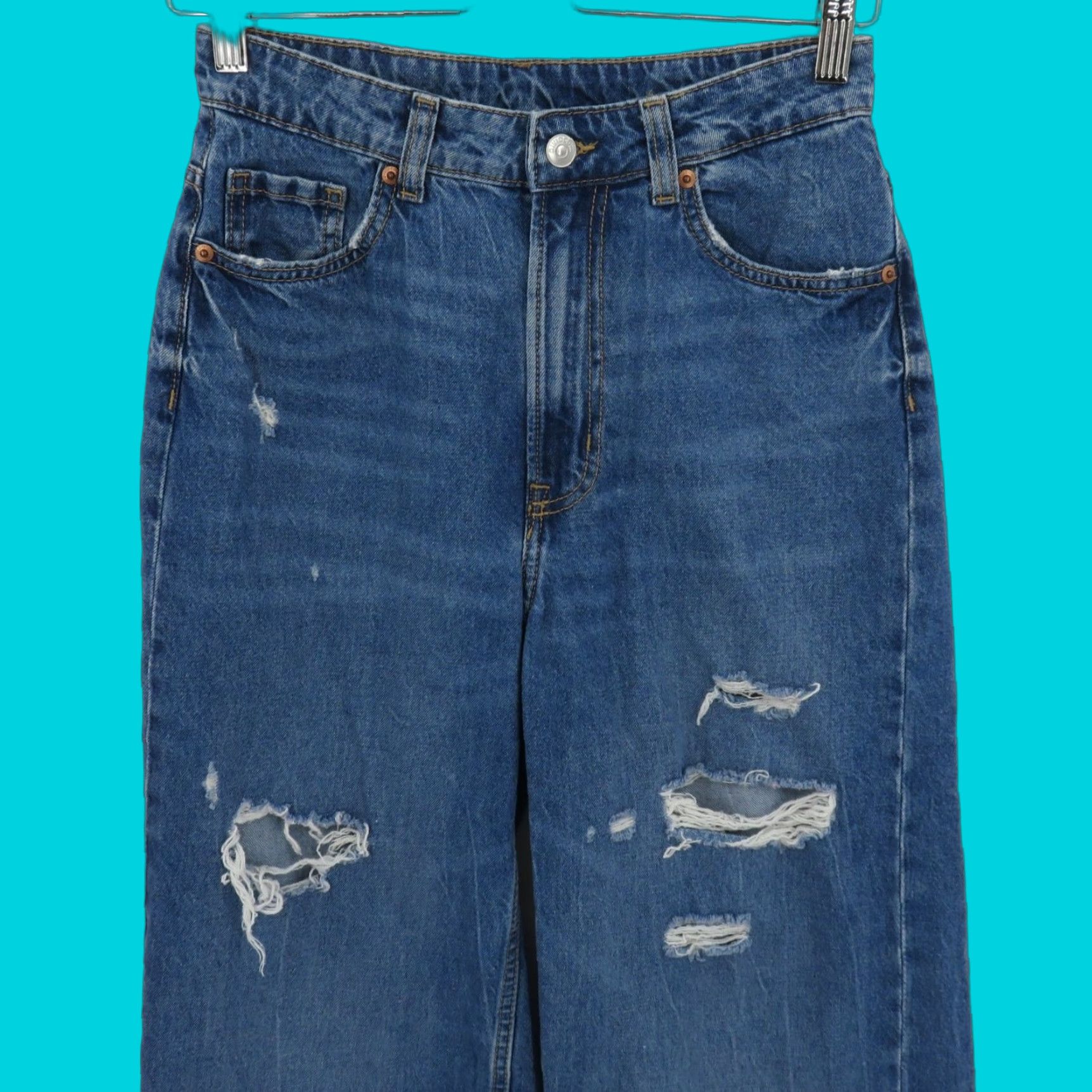 Vintage H&M Divided Jeans Women 4 Distressed Wide-Leg 5-Pocket Denim Blue Cotton Blend Pocket Pockets Regular Vintage No Size 27" / US 4 / IT 40 - 1 Thumbnail