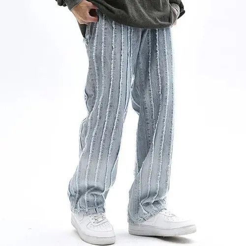 Japanese Brand Unisex Striped Frayed Ripped Tassel Jeans Pants Size US 33 - 1 Thumbnail