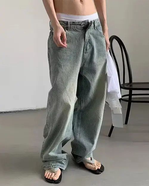 Jean Faded Wide Leg Jeans Size US 33 - 3 Thumbnail