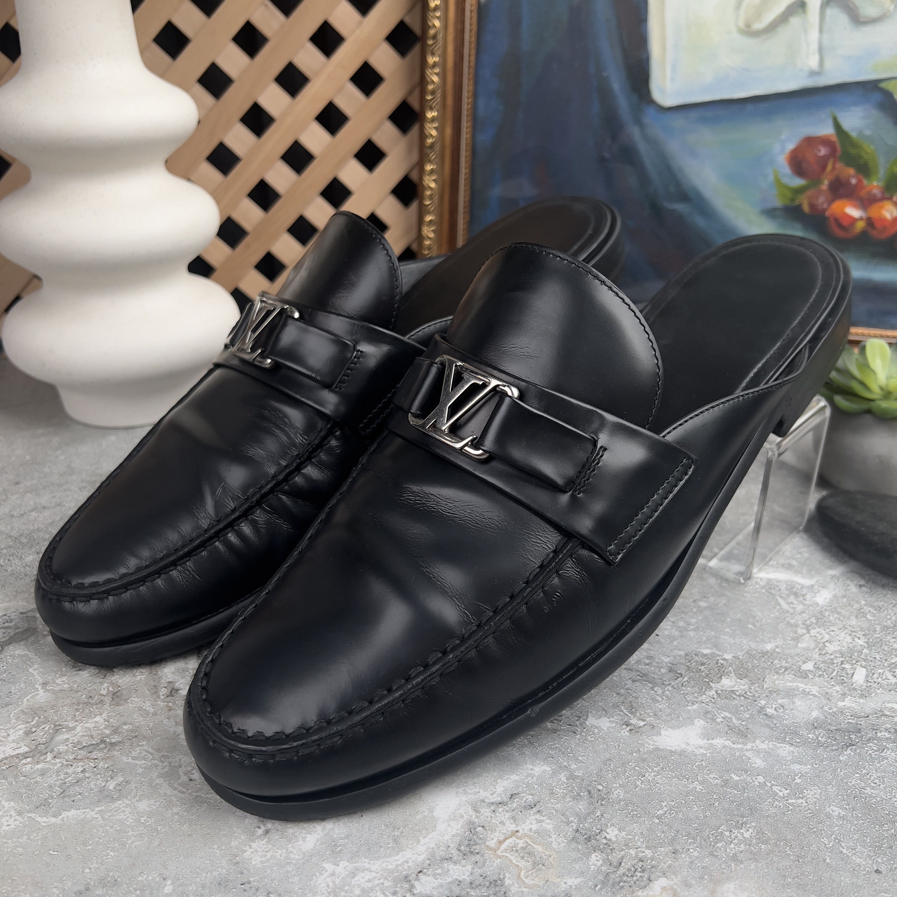 Louis Vuitton Major Open Back Loafers Mules Black Glazed Leather Size US 10 / EU 43 - 2 Thumbnail