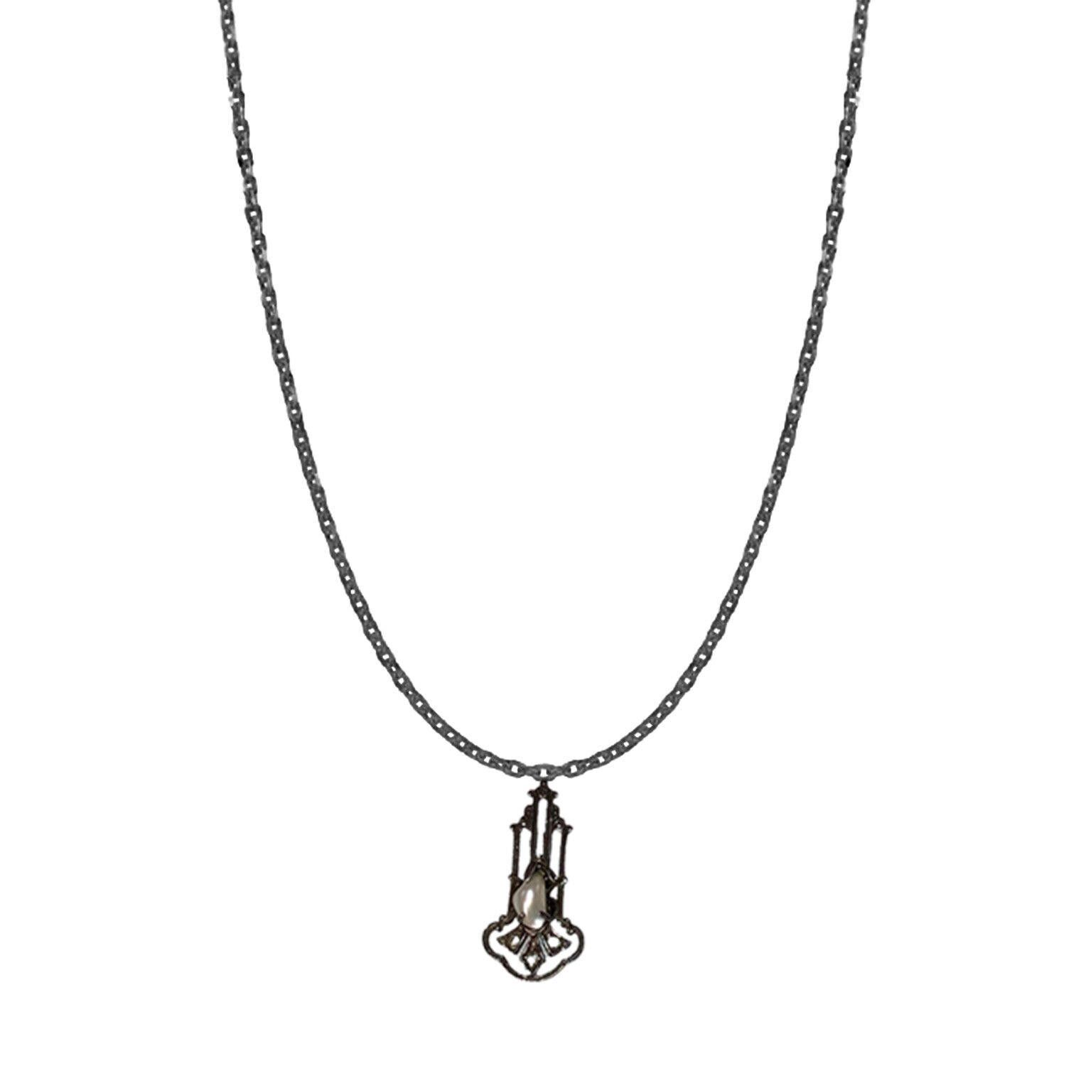 Designer ArtDeco Silver Pave Marcasite Natural Pearl Pendant Necklace Size ONE SIZE - 2 Thumbnail