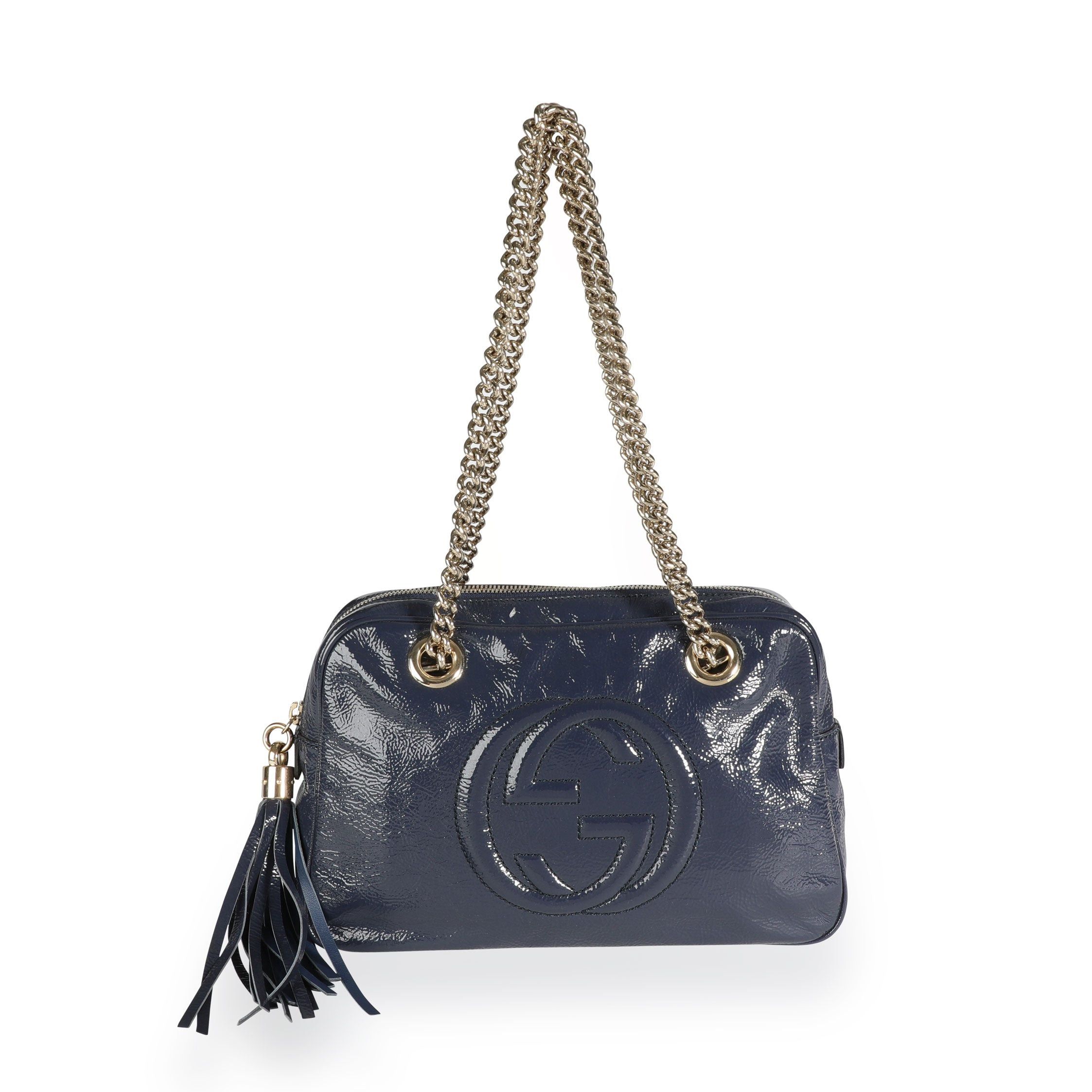 Gucci Navy Crinkled Patent Leather Small Soho Bowler