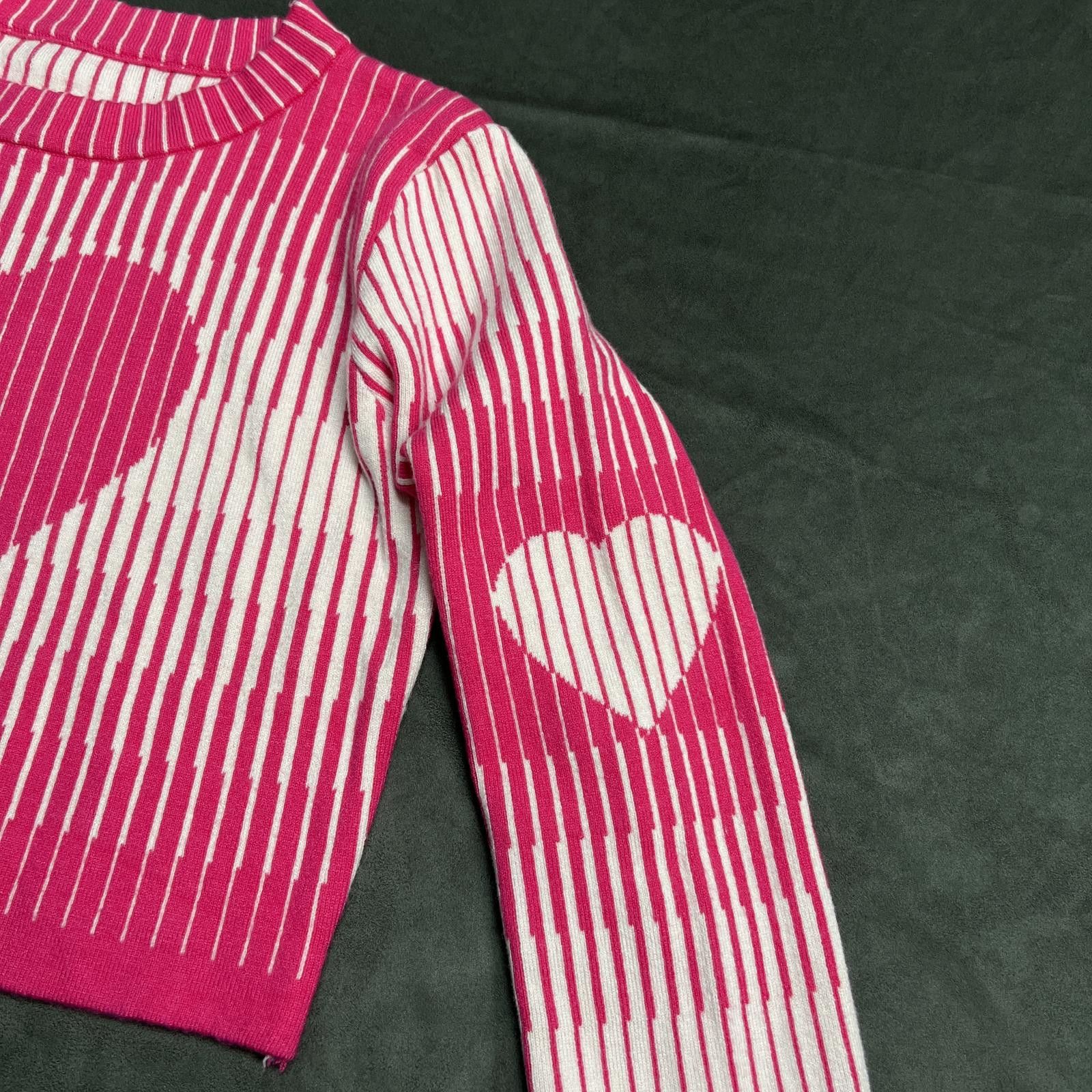 Japanese Brand Pink White Striped Heart Crop Jumper – Kawaii Y2K Aesthetic Size ONE SIZE - 6 Thumbnail