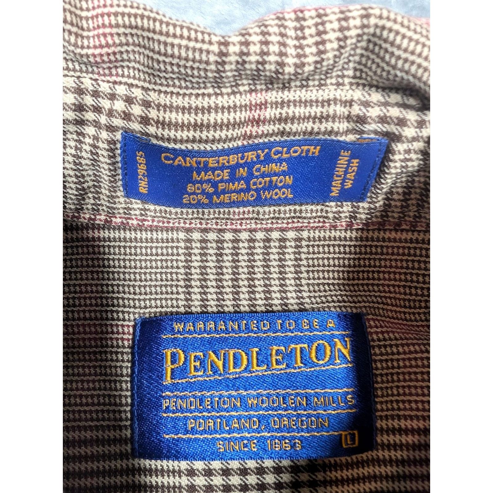 Pendleton Pendleton Shirt Mens L Brown Glen Plaid Canterbury Cloth Pima Merino Wool Button-Up Long Sleeve Size US L / EU 52-54 / 3 - 6 Thumbnail