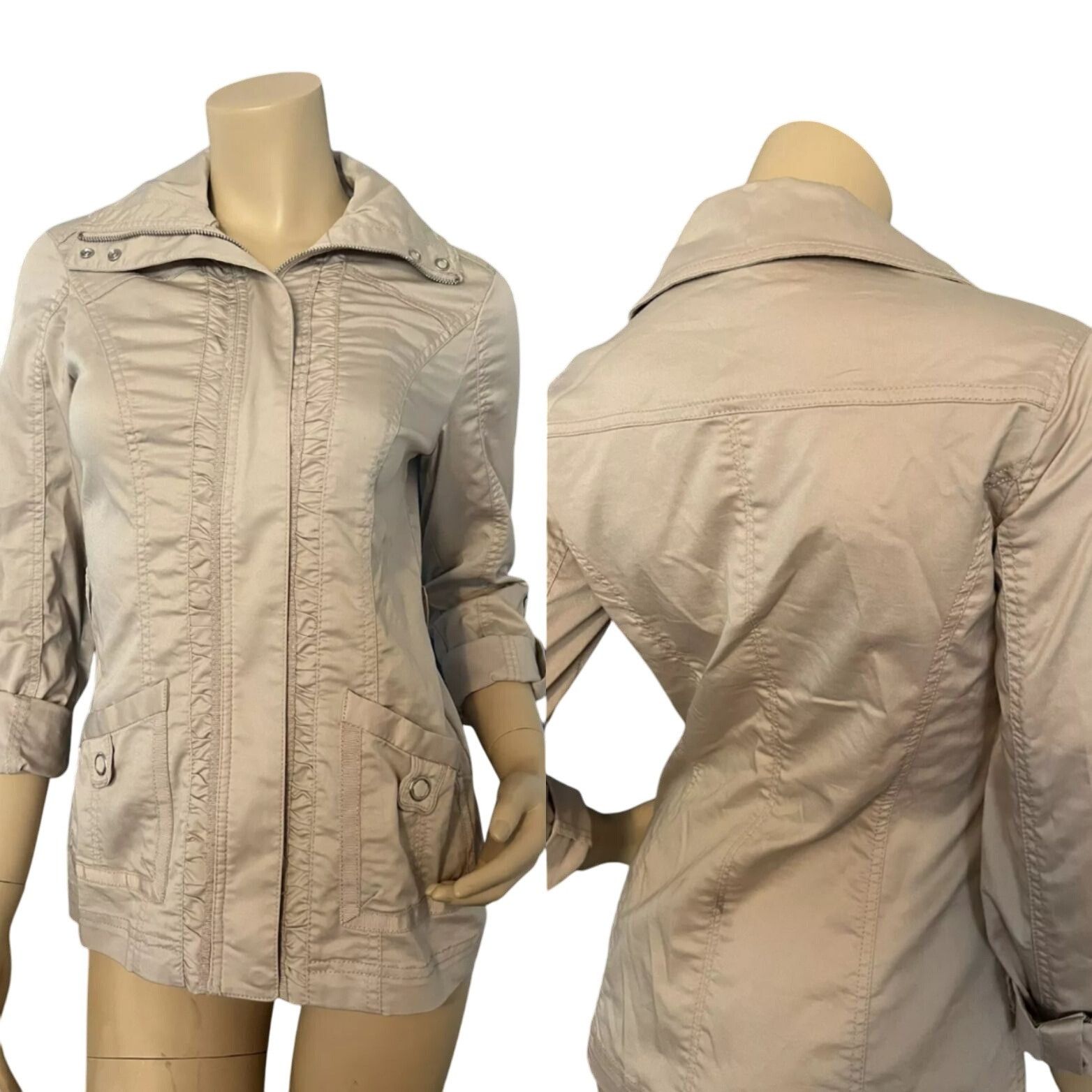 White House Black Market WHBM Womens Cream Lightweight Jacket 2 Ruched Cotton Zip Ne Size S / US 4 / IT 40 - 1 Thumbnail
