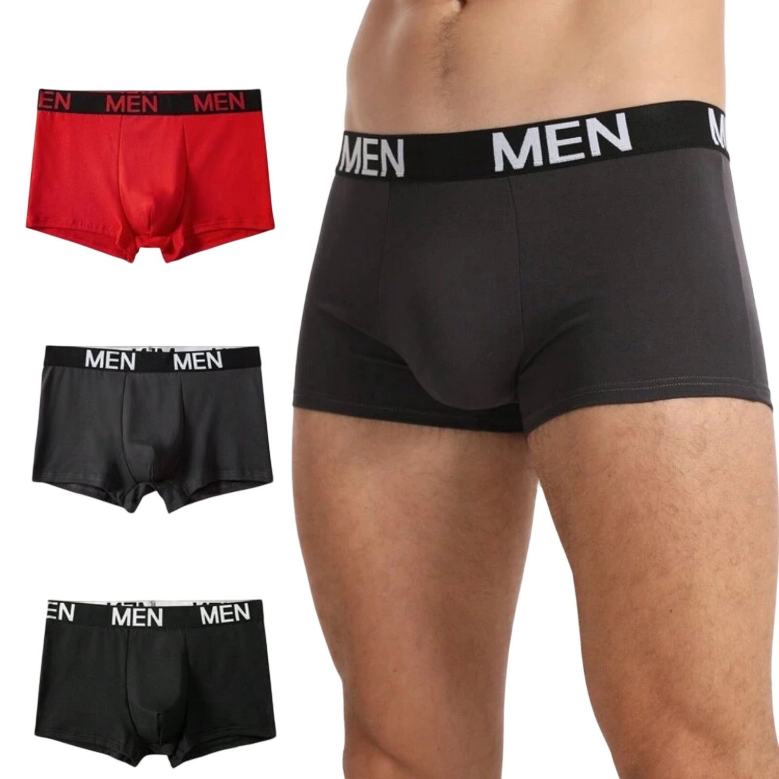 Shein 3 Pack Men's Solid Color Boxer Briefs in Black/Gray/Red, L Size US L / EU 52-54 / 3 - 2 Thumbnail