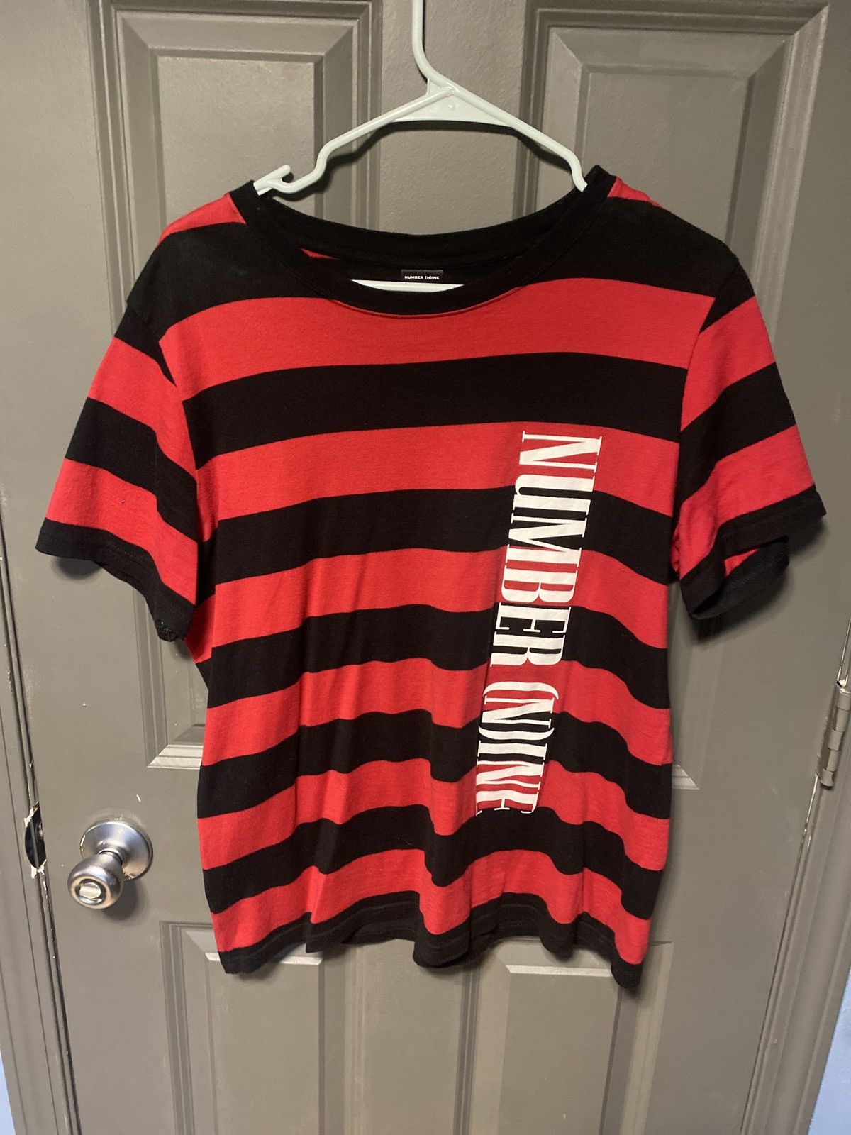 NUMBER (N)INE WIDE STRIPED T-SHIRT 赤黒 L Number (N)ine Number nine striped T-shirt | Grailed
