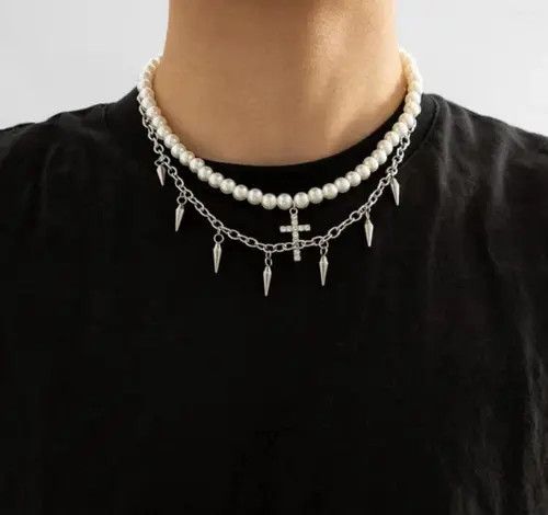 Japanese Brand × Vintage Unisex punk pearl beaded necklace layered cross chain Size ONE SIZE - 1 Thumbnail
