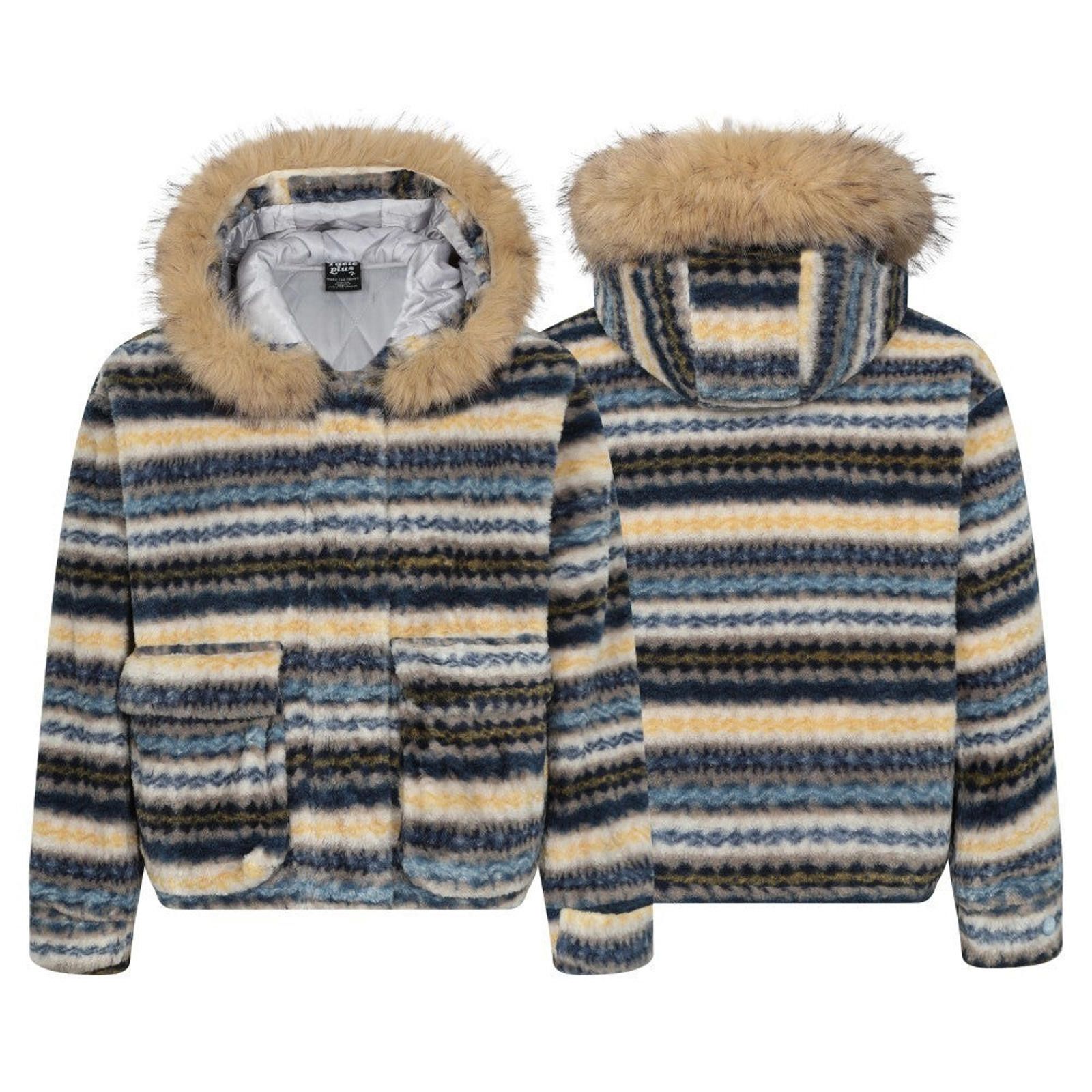 Japanese Brand Striped Faux Fur Hooded Jacket, Cozy Winter Coat Size US M / EU 48-50 / 2 - 5 Thumbnail