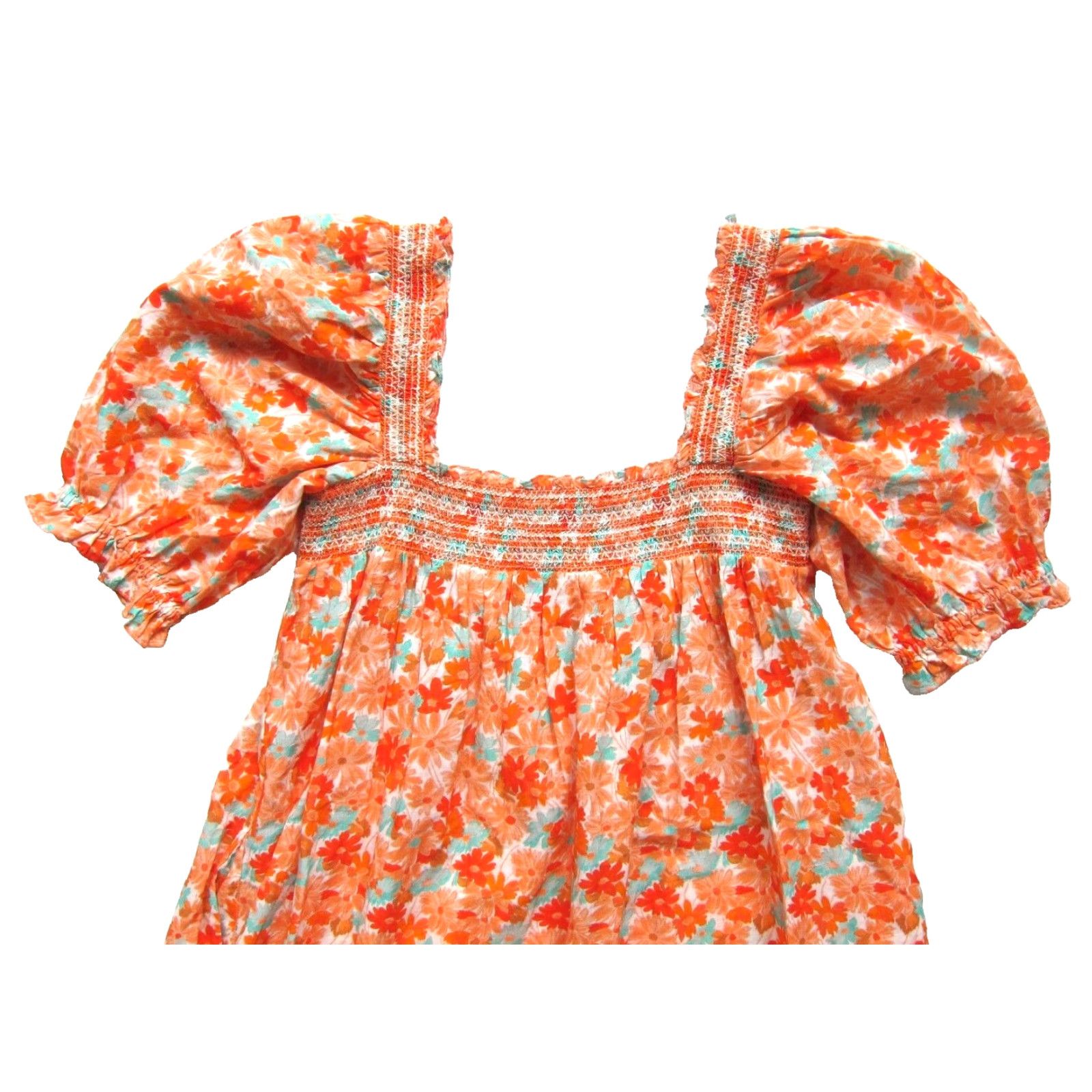 Vintage VINTAGE Something Navy Orange Blue White Floral Puff Sleeve Pocket Smock Mini Dress S Size S / US 4 / IT 40 - 4 Thumbnail