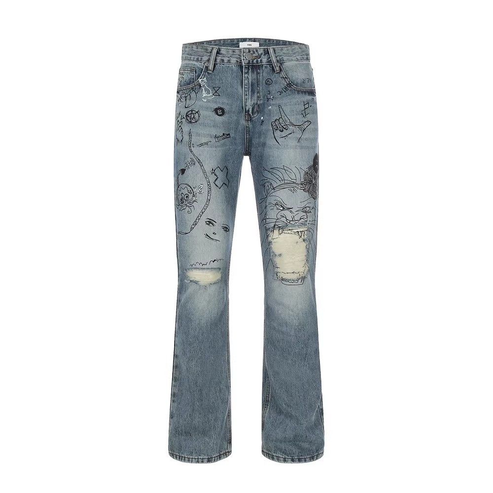 Japanese Brand × Jean High street hand-painted graffiti flared jeans ripped trend Size US 34 / EU 50 - 1 Thumbnail