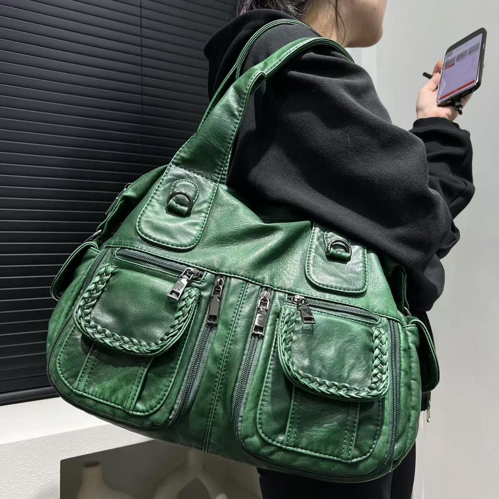 Vintage Green and Black Braided Pocket Leather Handbag Size ONE SIZE - 2 Thumbnail