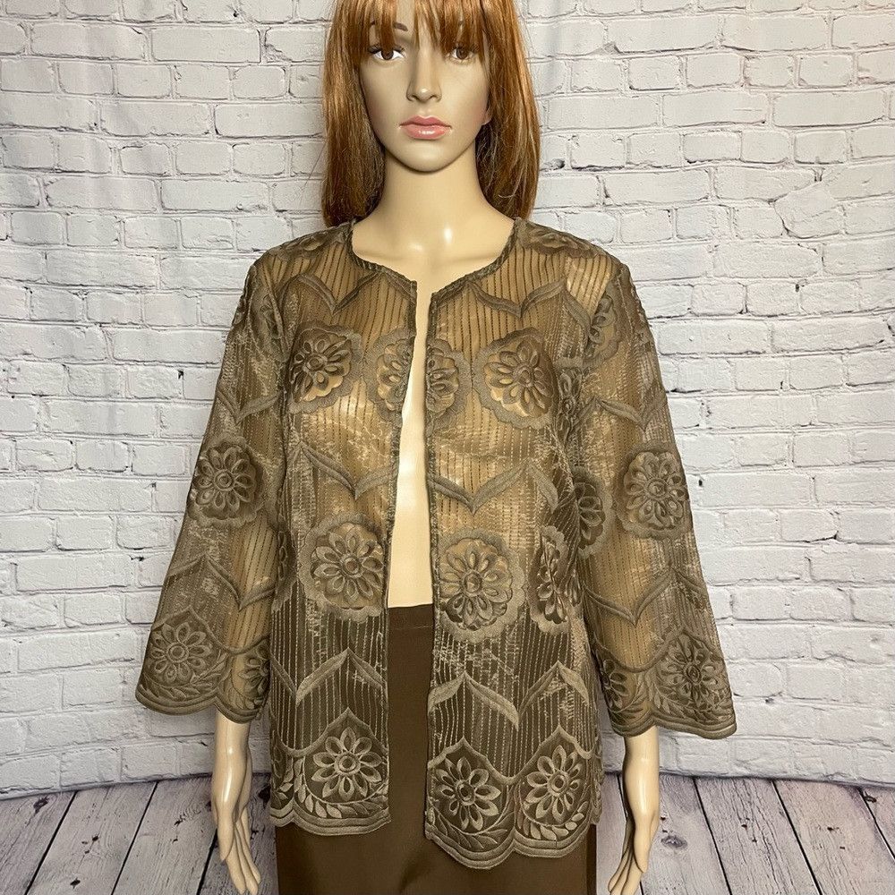 Chicos New Chico's Brown Lace Open Front Jacket Bolero Size 2 US L Size L / US 10 / IT 46 - 1 Thumbnail