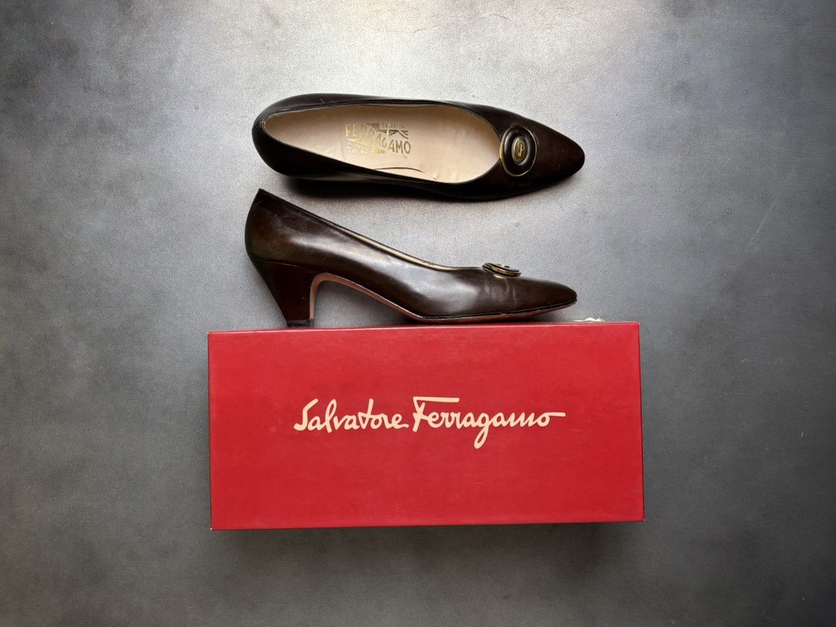 Salvatore Ferragamo × Vintage Vintage Ferragamo Heels Brown Leather Slip On 1980s Box Size US 9.5 / IT 39.5 - 20 Thumbnail