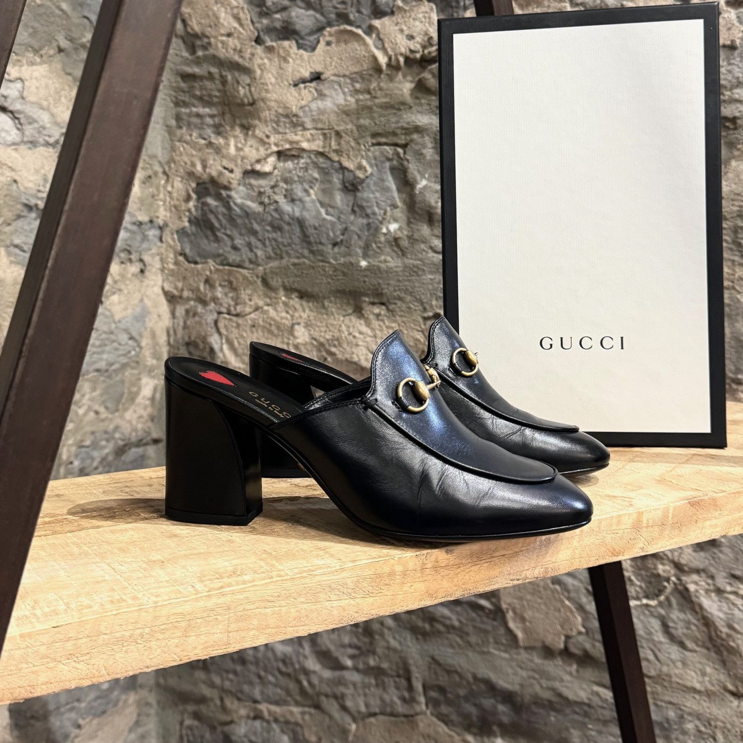 image of Gucci Black Leather 1955 Horsebit Princetown Mid Heel Shoes Mules, Women's (Size 7)