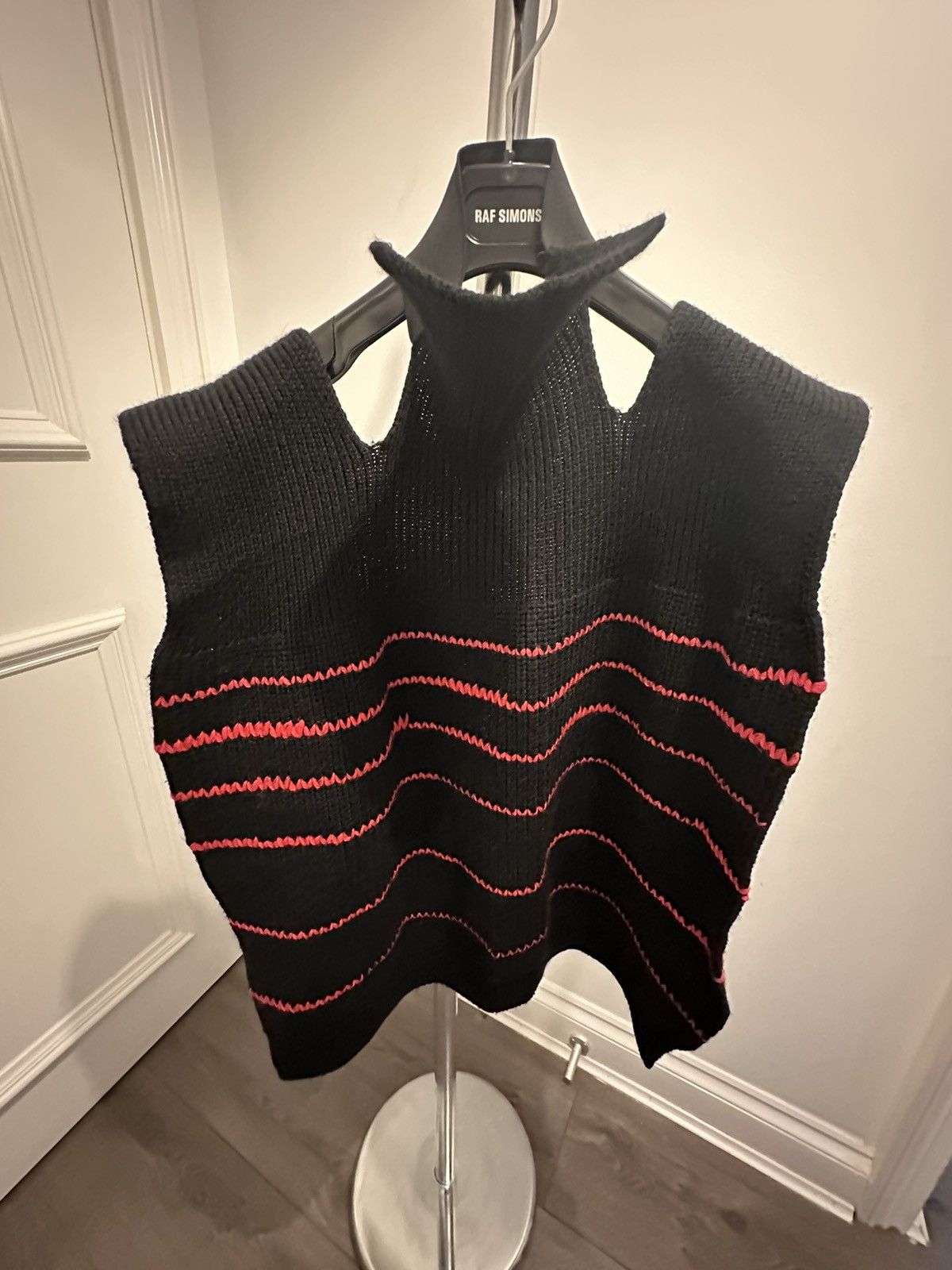 image of Raf Simons Aw18 Sweater Scarf Black Red Stripes, Men's (Size Medium)