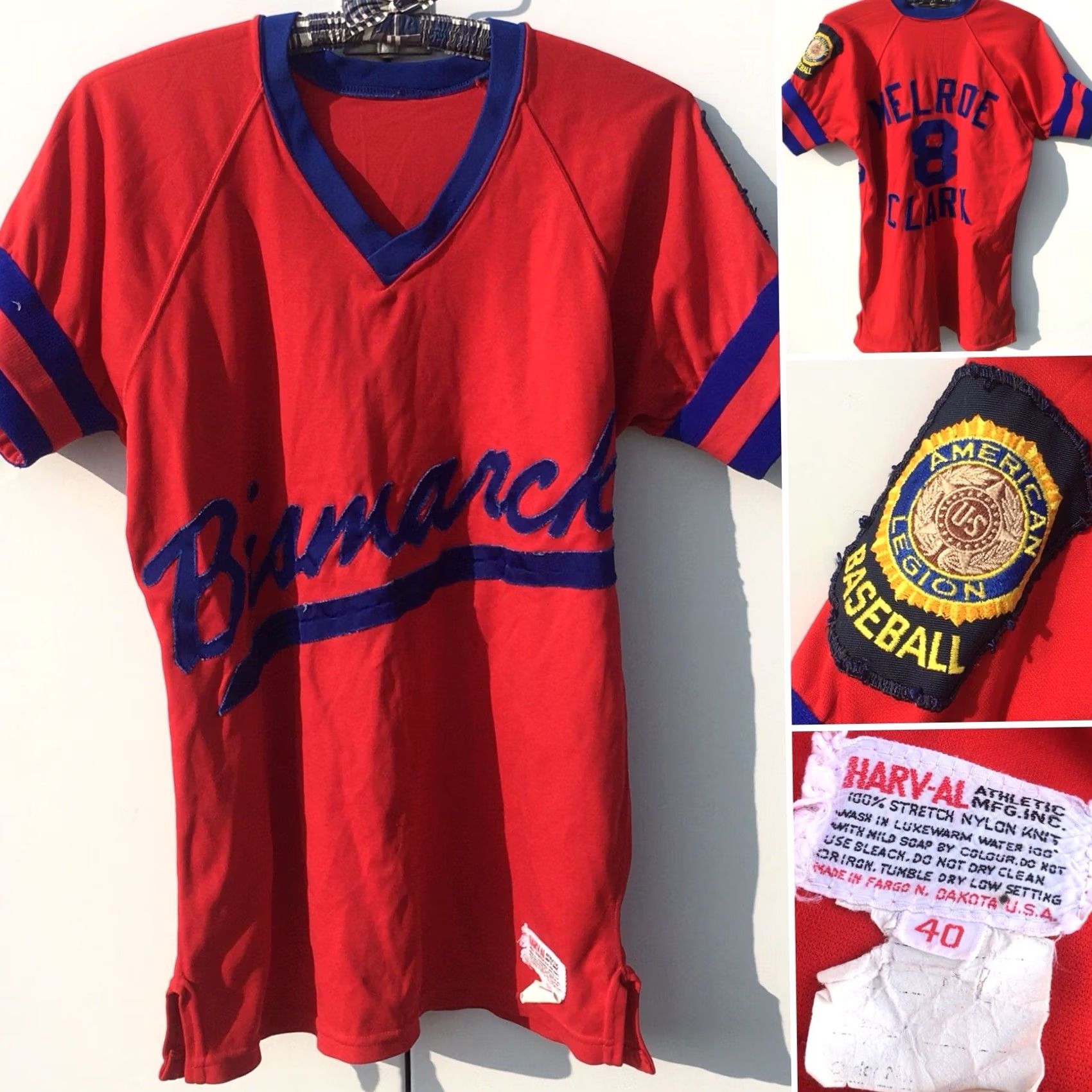 Clarks VINTAGE HARV-AL American Legion Baseball Shirt Jersey 40 Red Short Sleeve V Neck Mens Size US L / EU 52-54 / 3 - 5 Thumbnail