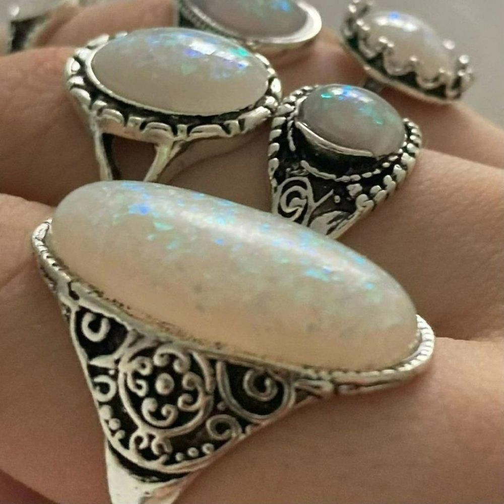 Designer 8pcs Vintage White Opal Antique Silver Ring Set Size ONE SIZE - 3 Thumbnail