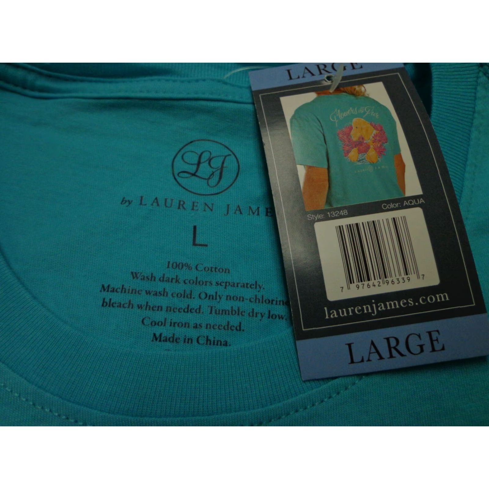 Vintage Lauren James Women's Shirt Puppies Flowers & Fur Pocket Graphic Crew Neck Short Sleeve Blue LARGE NWT Size L / US 10 / IT 46 - 4 Thumbnail