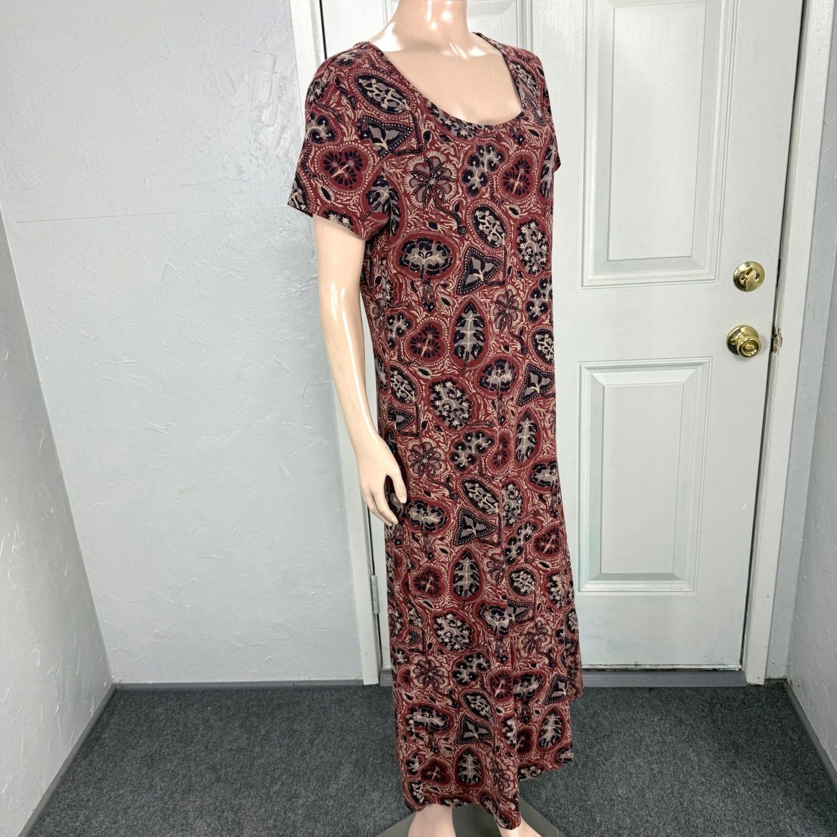 Vintage Peruvian Connection Dress Women L Pima Cotton Floral S/S Stretch Round Neck Midi Size L / US 10 / IT 46 - 5 Thumbnail