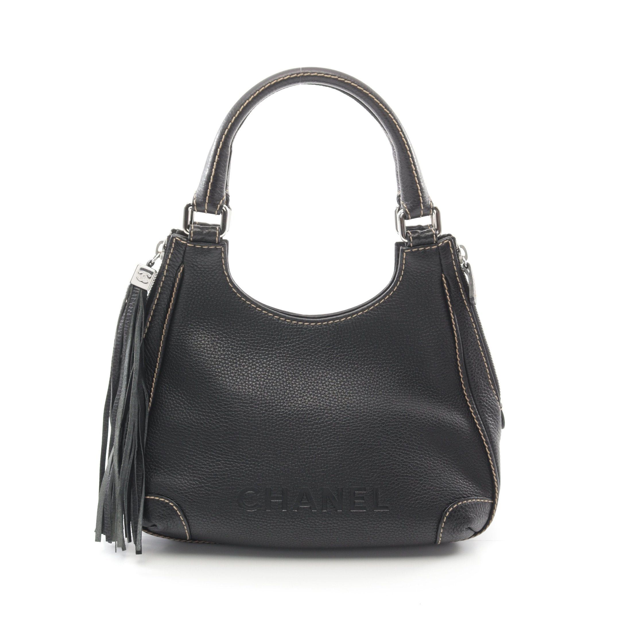 Chanel Logo Fringe Handbag Leather Black Silver Hardware Tassel