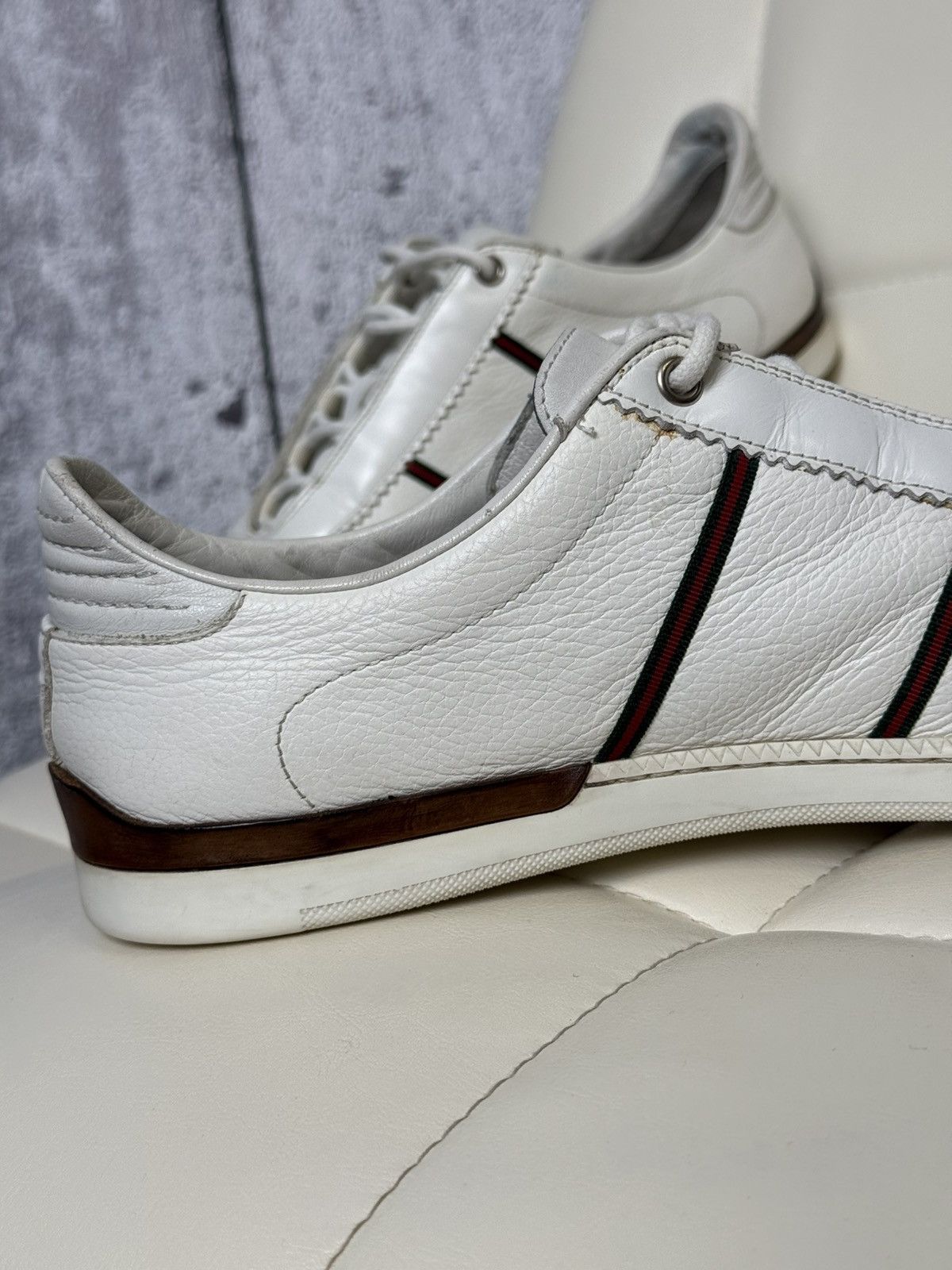 Gucci Gucci White Leather Low Top Sneakers Web Stripe & GG Logo Size US 9 / EU 42 - 8 Thumbnail