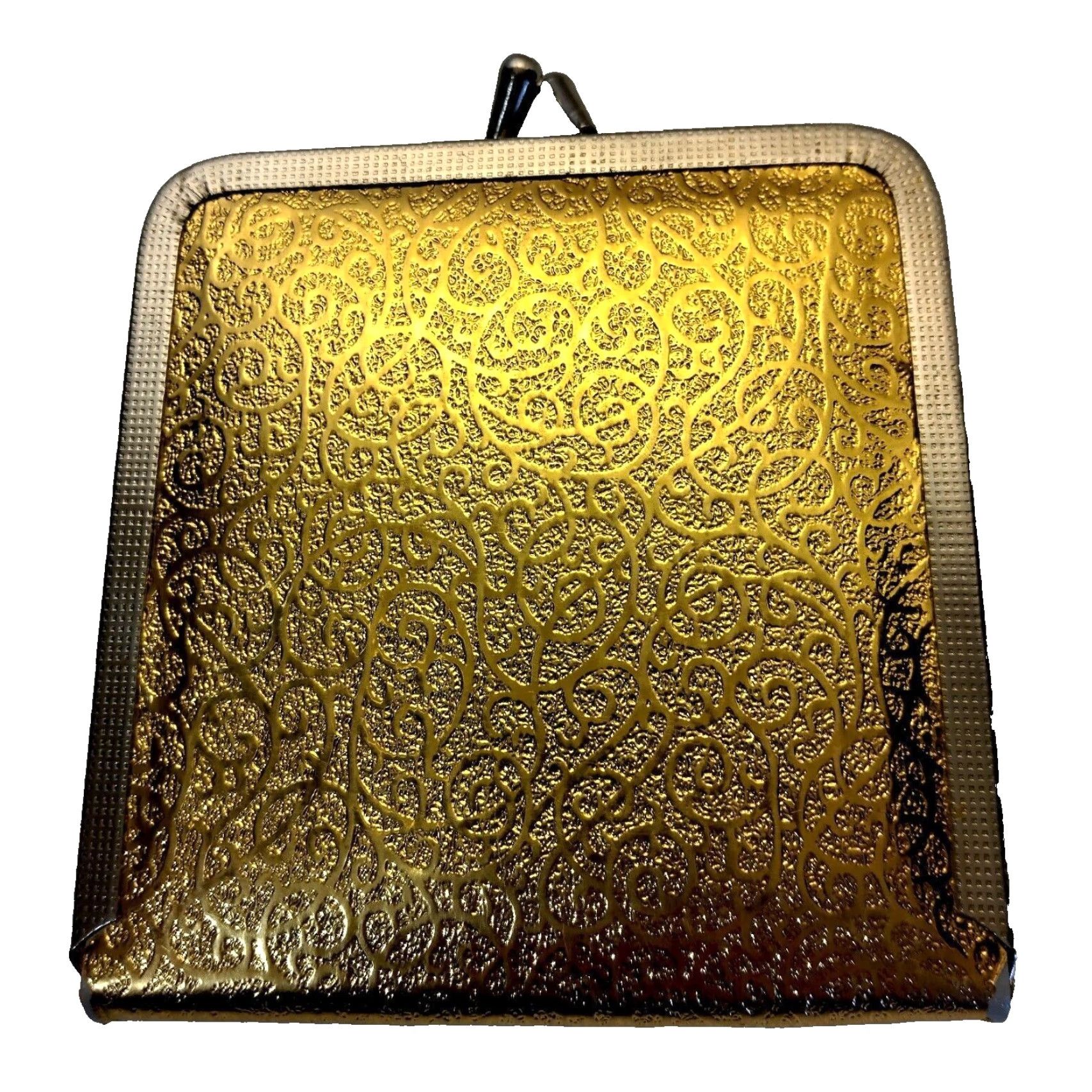 Vintage VINTAGE Mod Purse Mirror Gold Lame Swirl Kiss Lock Double Sided Compact READ Size ONE SIZE - 2 Thumbnail