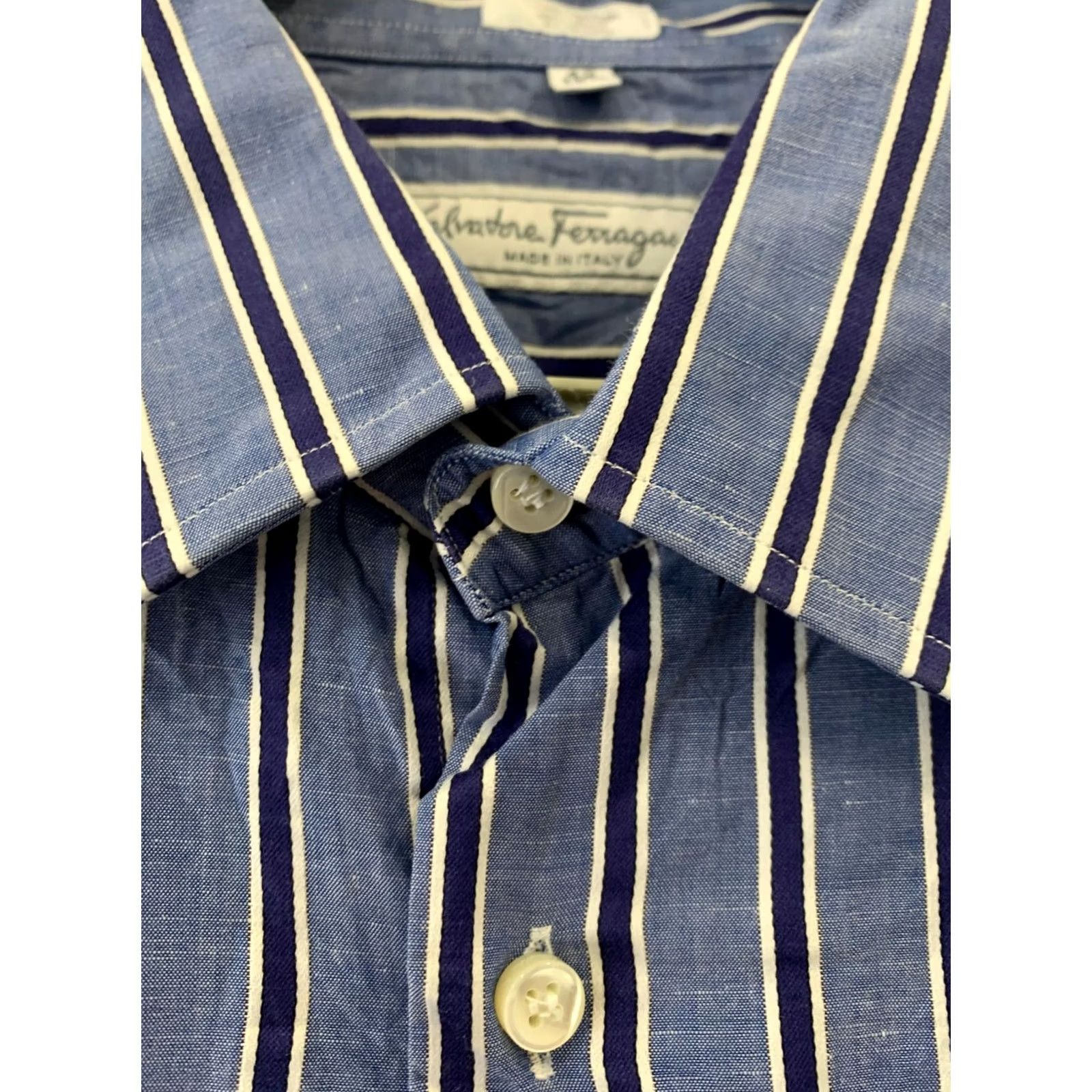 Salvatore Ferragamo Salvatore Ferragamo Men’s Large Blue Stripe Linen Cotton Shirt Italy 16.5 42#C16 Dress Shirt Size US L / EU 52-54 / 3 - 5 Thumbnail