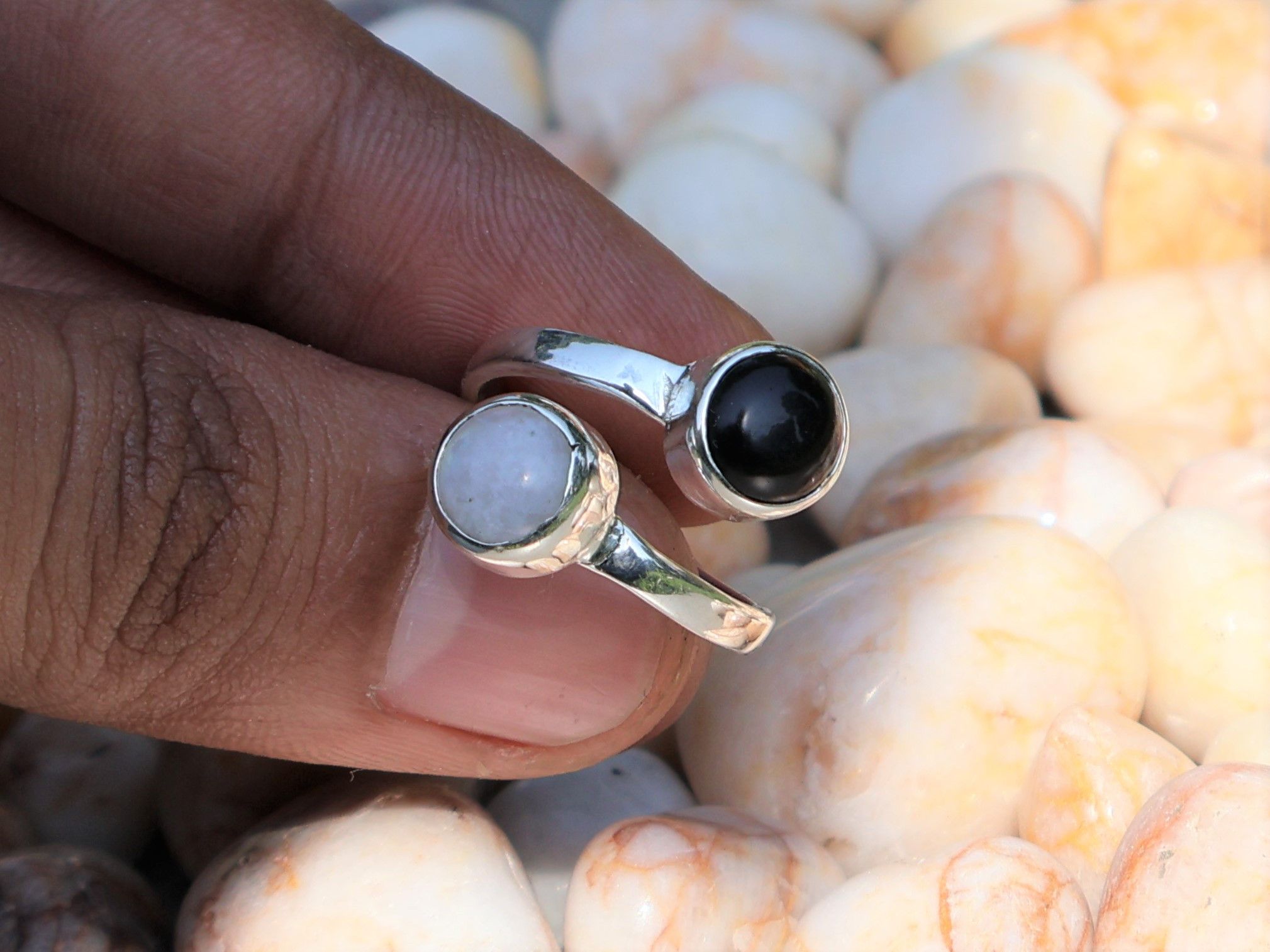 Handmade Rainbow Moonstone Ring, Black Onyx Ring, Handmade Women Ring Size ONE SIZE - 6 Thumbnail