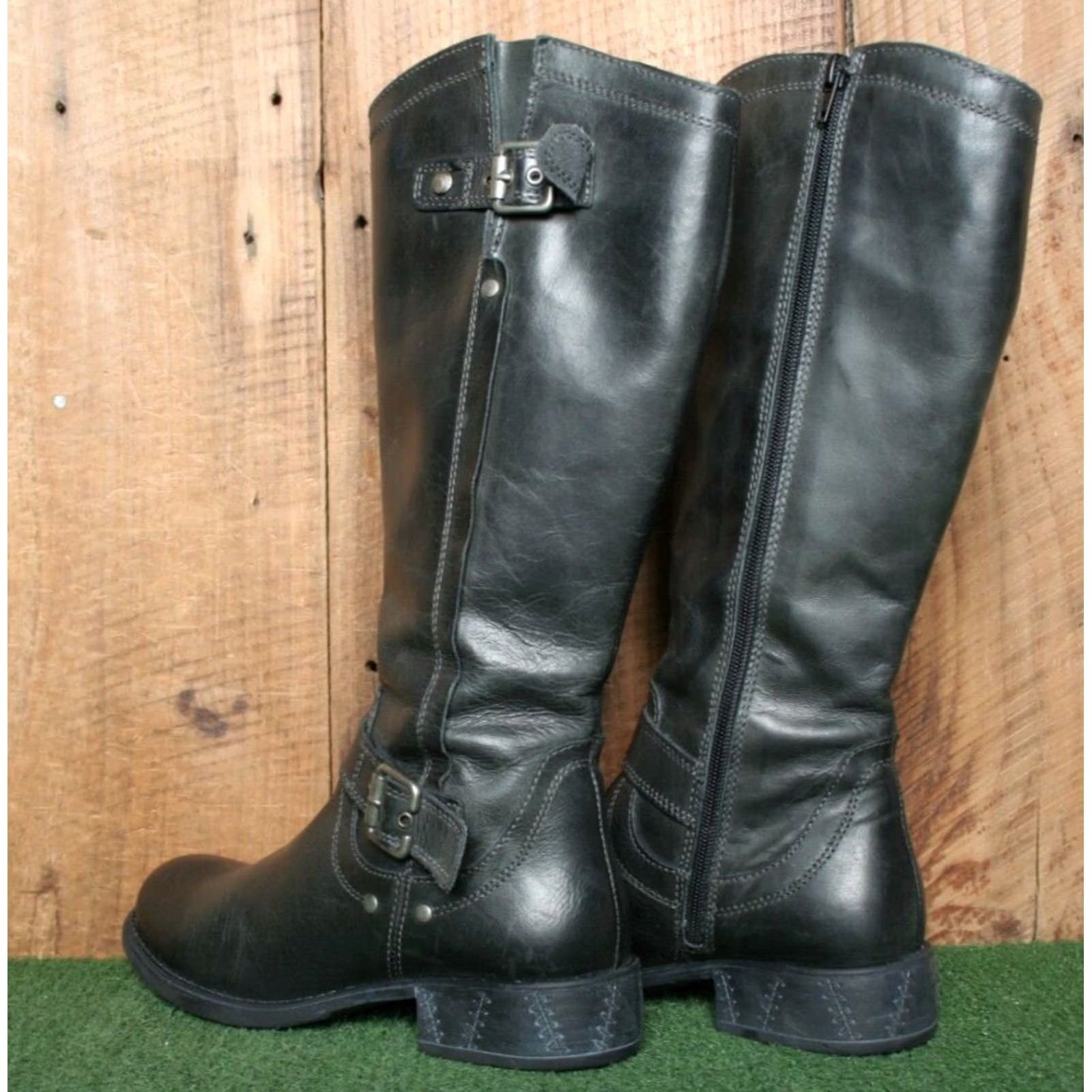 Vintage ERIC MICHAEL Montana Black Leather Studded Buckle Strap Boots EU 37 US 7 Women Riding Boot Knee High Chain Strap Zip Size US 7 / IT 37 - 3 Thumbnail