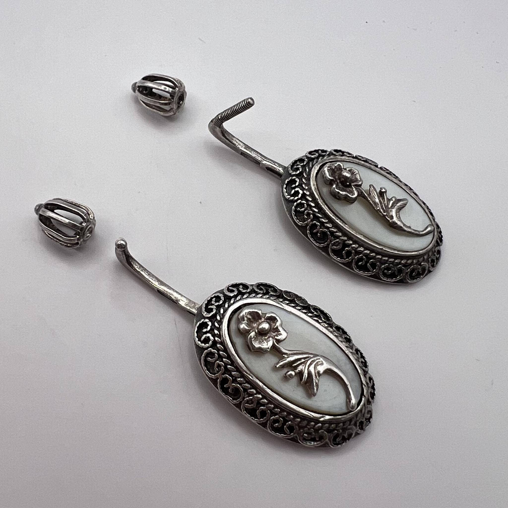 Jewelry Vintage USSR Silver 875 stud Earrings Cameo Flower Signed Size ONE SIZE - 6 Thumbnail