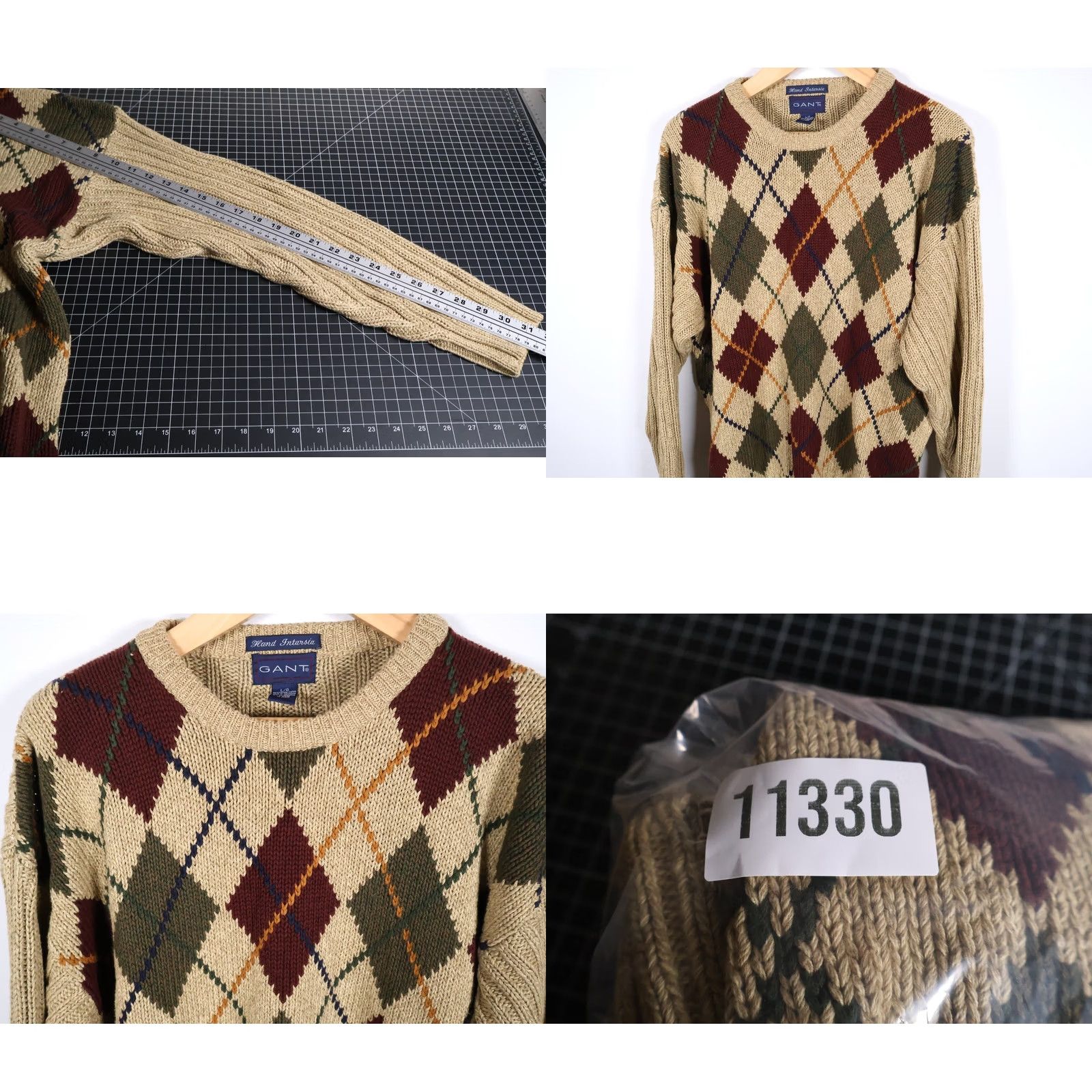 Gant VINTAGE GANT Sweater Men's Large Beige Argyle Hand Intarsia 100% Cotton Crew Neck Knit Pullover Size US L / EU 52-54 / 3 - 8 Thumbnail