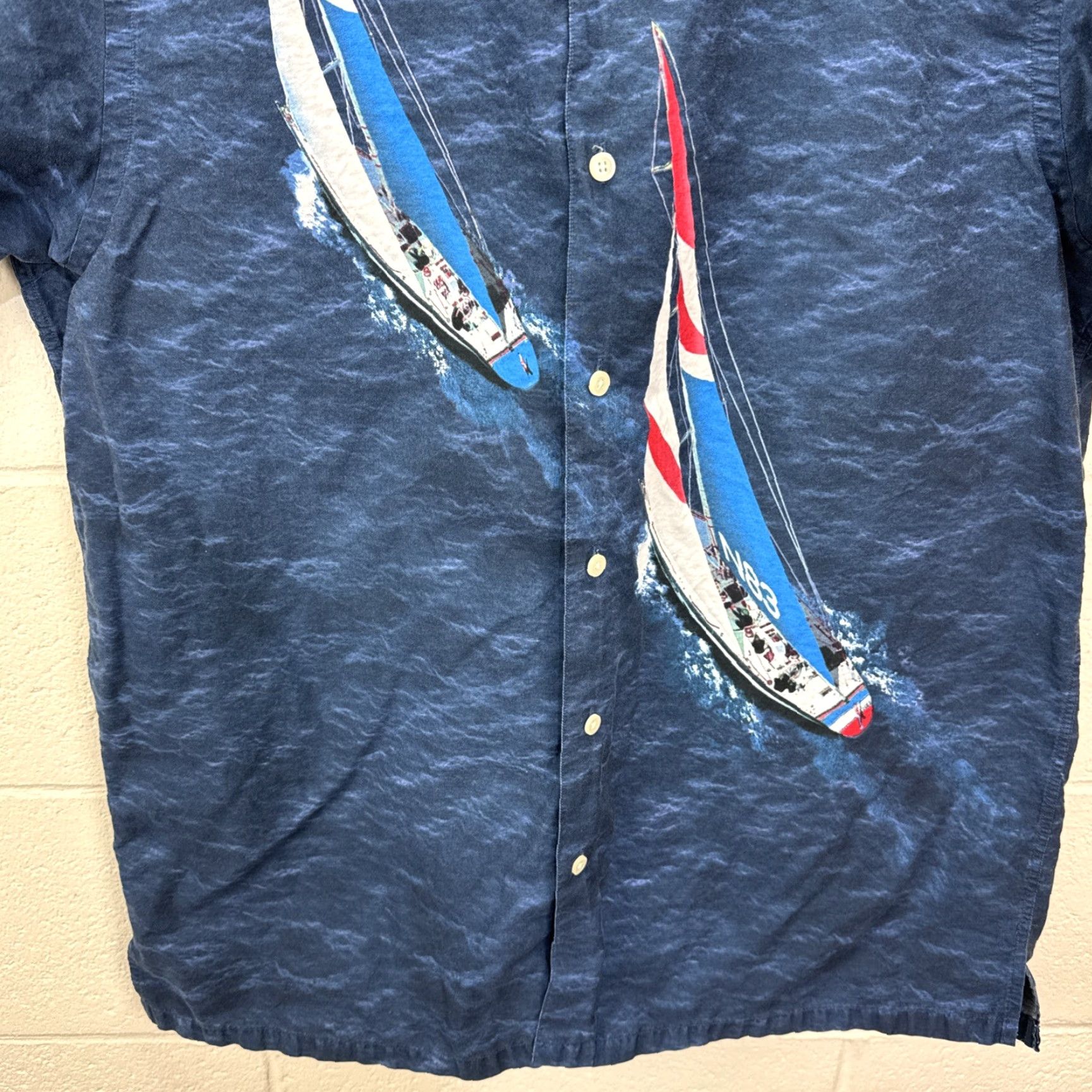 Nautica VINTAGE Nautica Shirt Mens Large Blue Button-Up Short Sleeve Sailboat Hong Kong 90s Beach Nautical Shirt Mens L Blue 90s Nautical Beach Mens Shirt Size US L / EU 52-54 / 3 - 7 Thumbnail